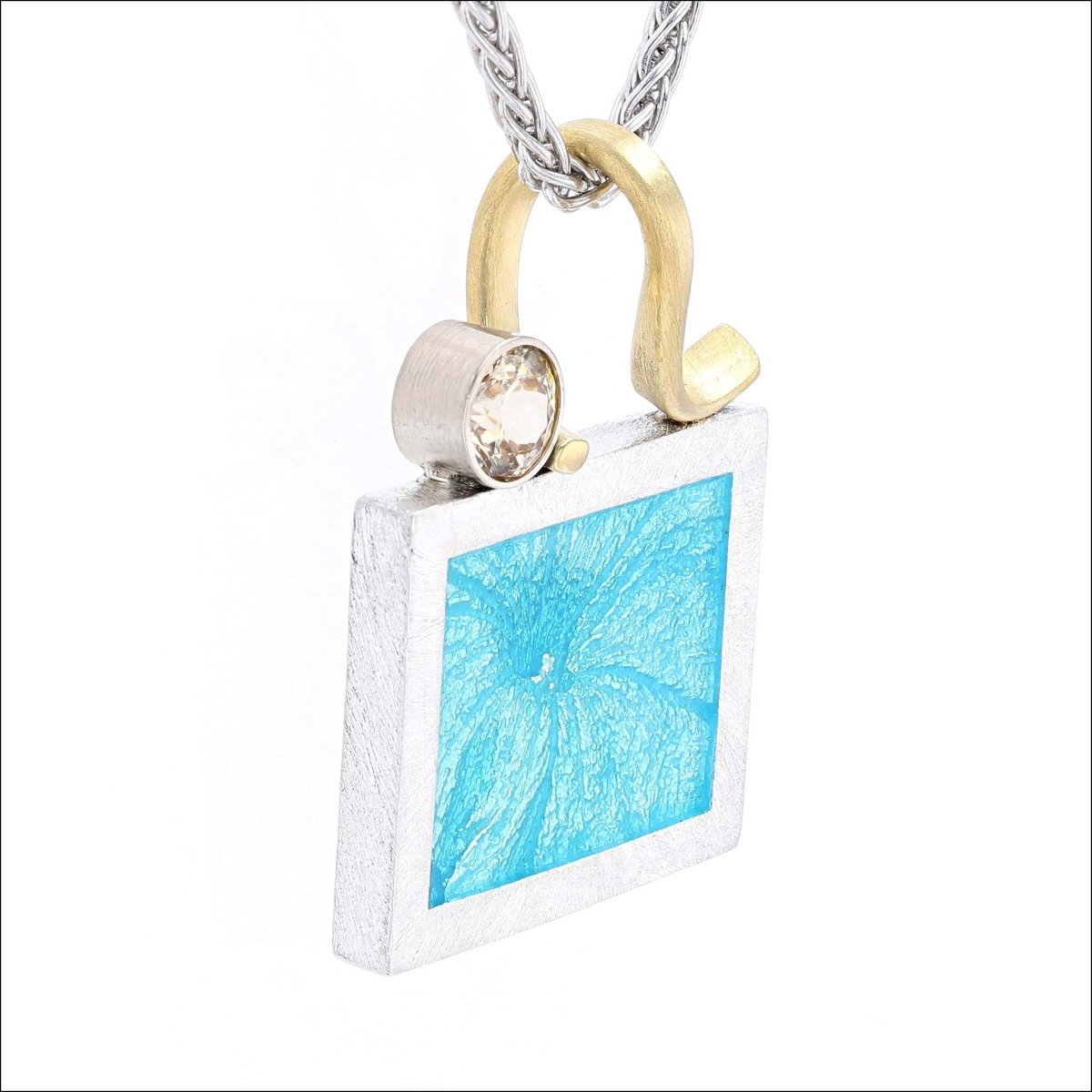 Zircon Teal Enamel Flower Frame Pendant Fine Silver 18KY - JewelsmithPendants