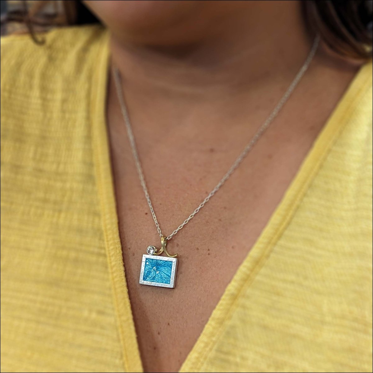 Zircon Teal Enamel Flower Frame Pendant Fine Silver 18KY - JewelsmithPendants