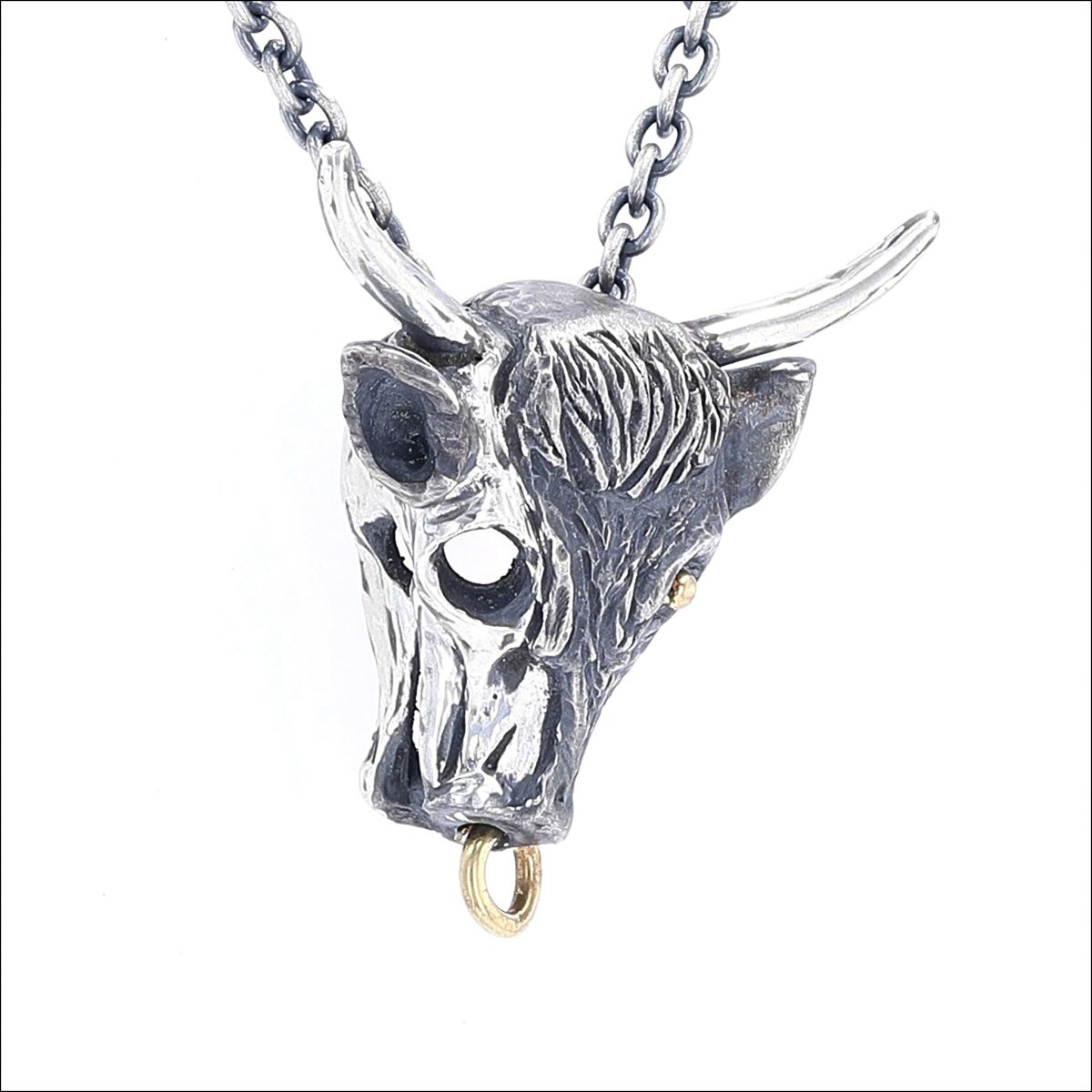 Zombie Bull Head Pendant 18KY Sterling Silver - Jewelsmith - Durham NC - Handcrafted - Pendants
