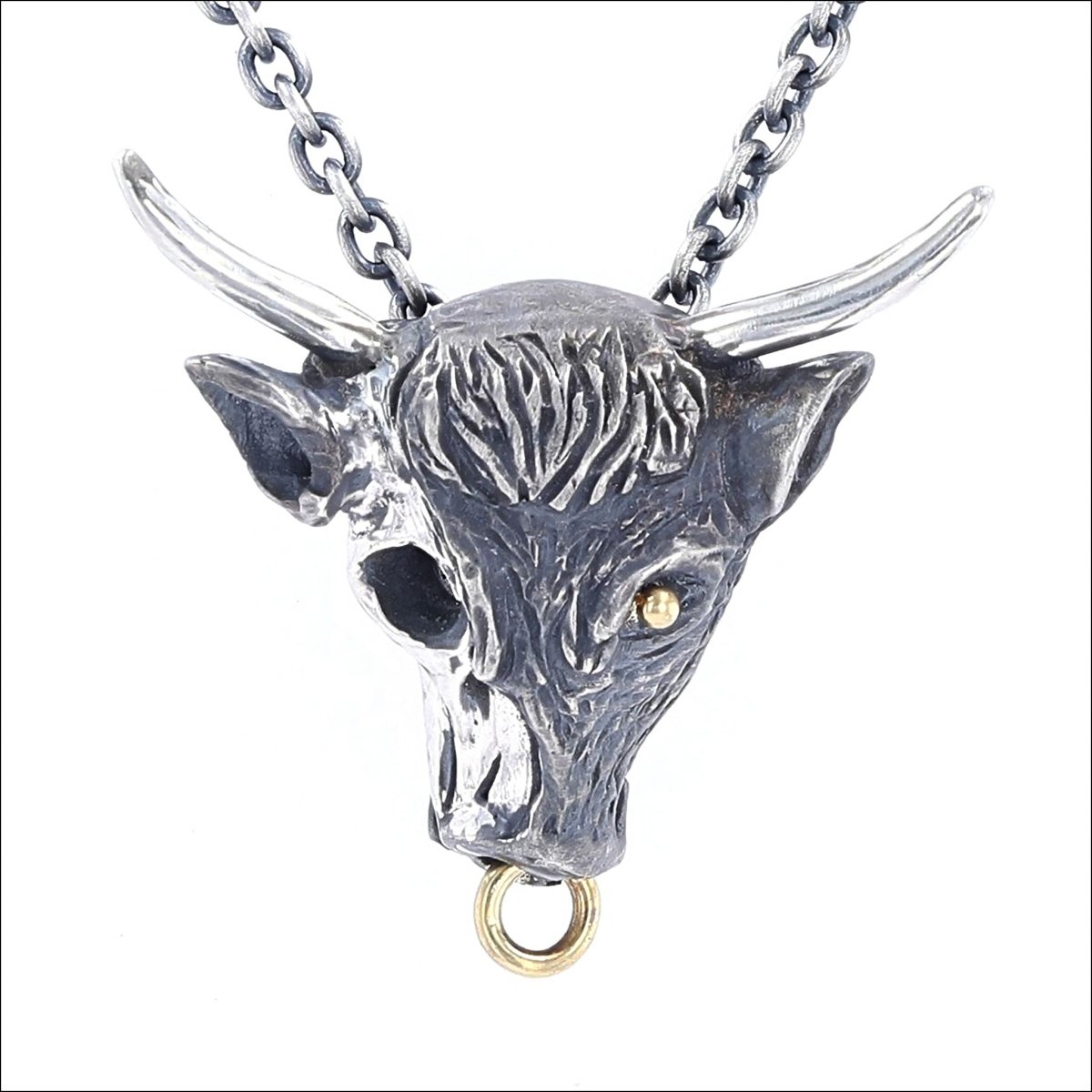 Zombie Bull Head Pendant 18KY Sterling Silver - Jewelsmith - Durham NC - Handcrafted - Pendants