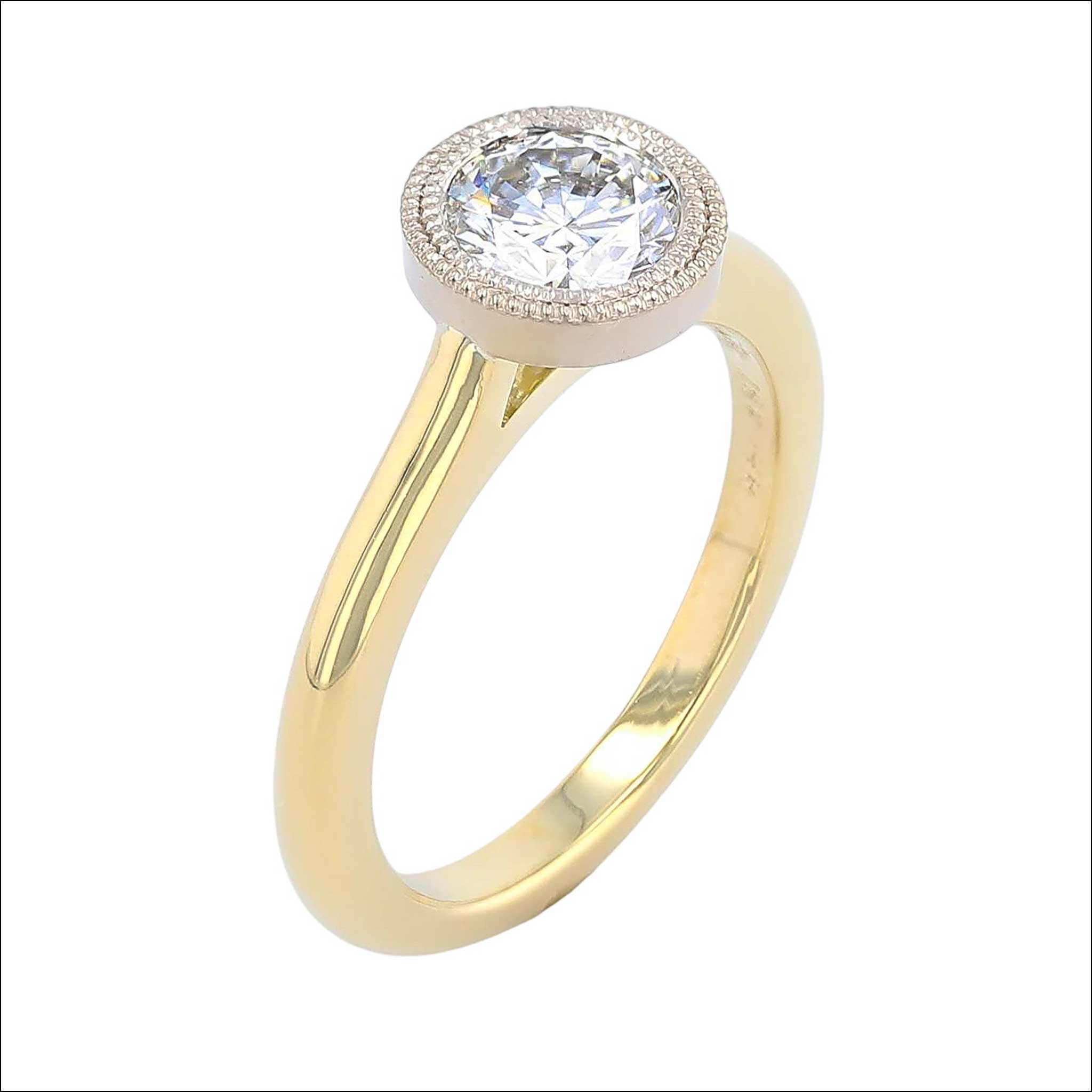 Double Milgrain Floating Bezel Engagement Ring 14KW 18KY side, handcrafted engagement rings, Durham, NC | Jewelsmith