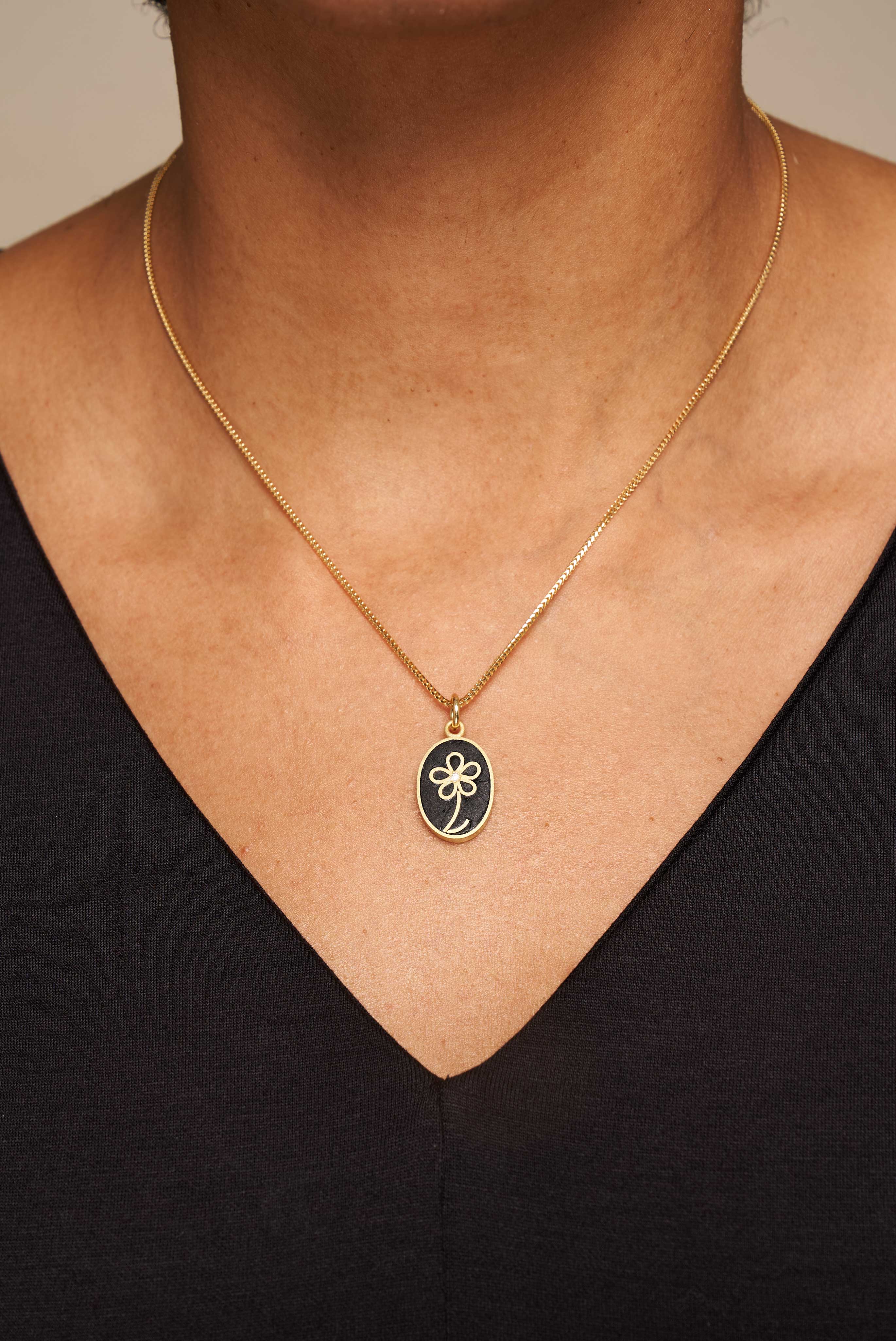 Diamond Black Enamel Flower Pendant 18KY model 