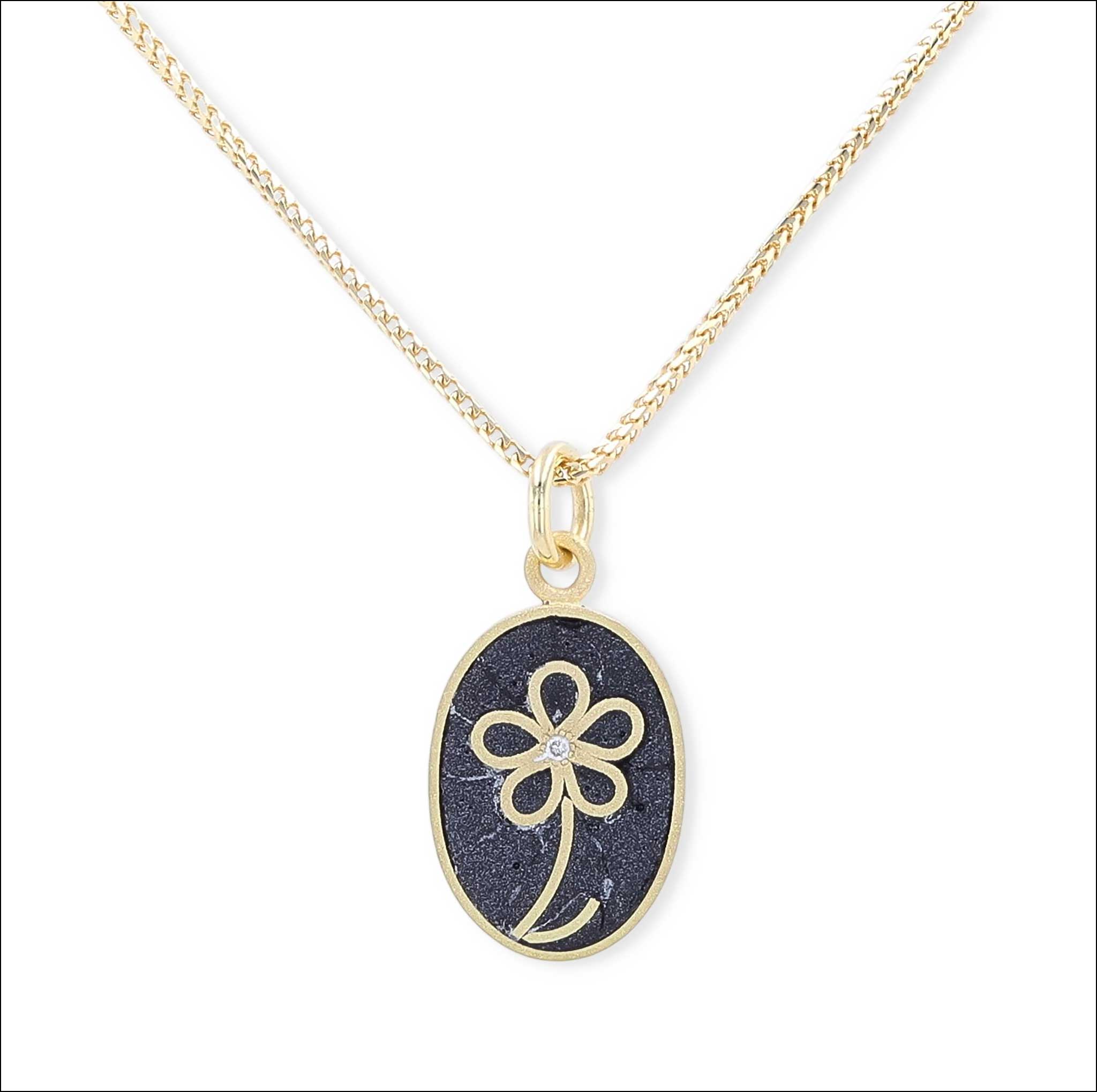 Diamond Black Enamel Flower Pendant 18KY front with chain