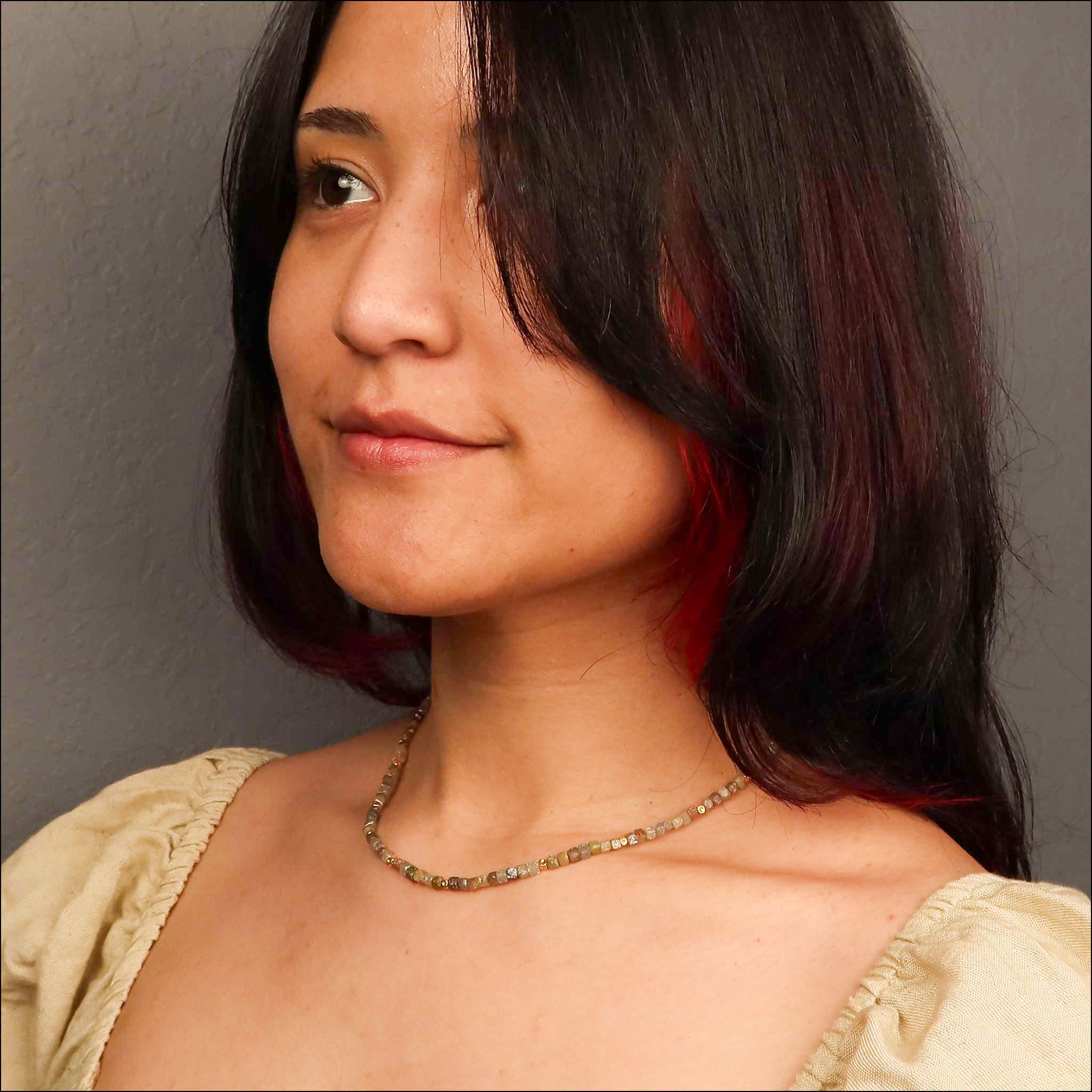 Brown Yellow and Gray Diamond Cube Bead Strand Necklace 18KY model