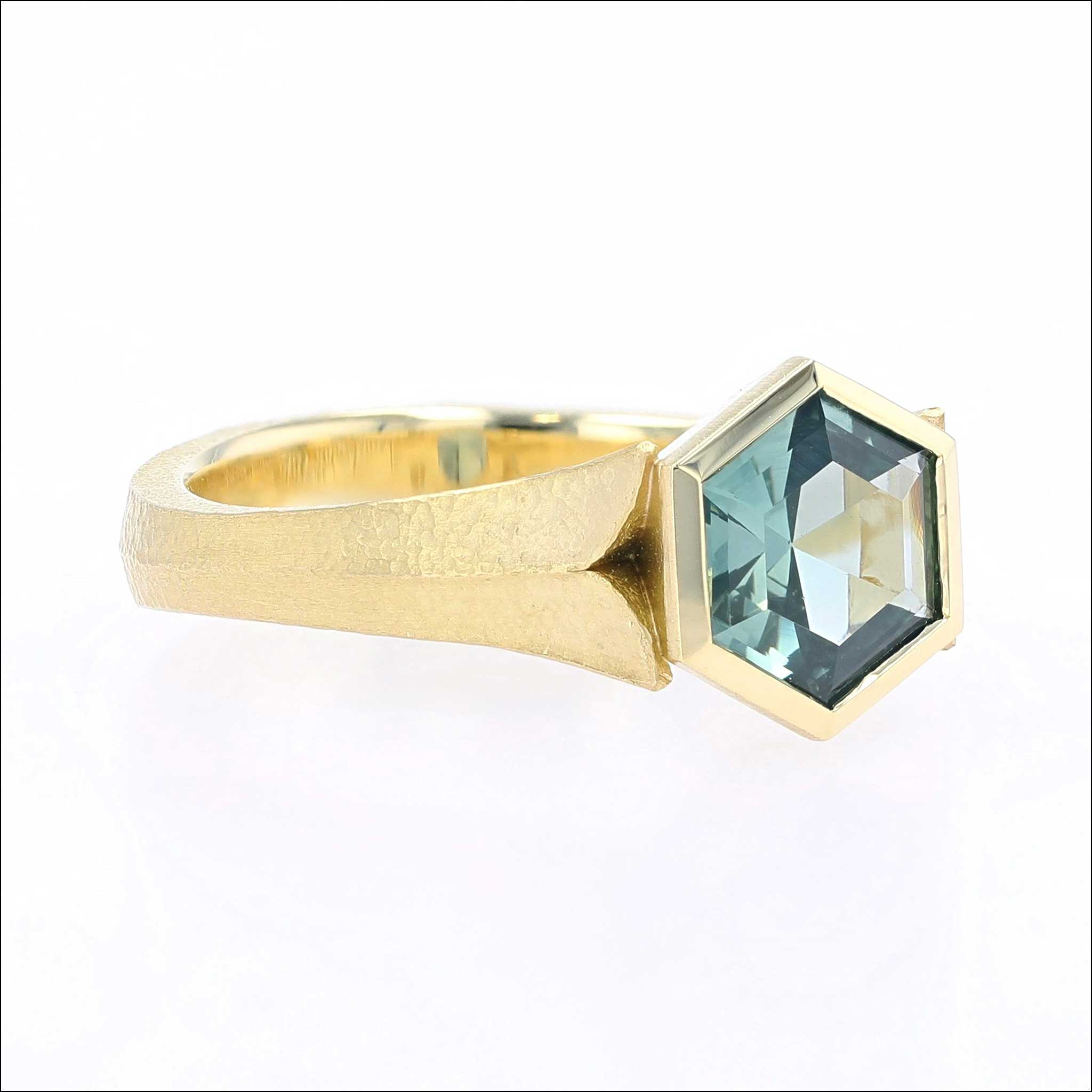 Teal Hexagonal Montana Sapphire Leaf Ring 18KY side