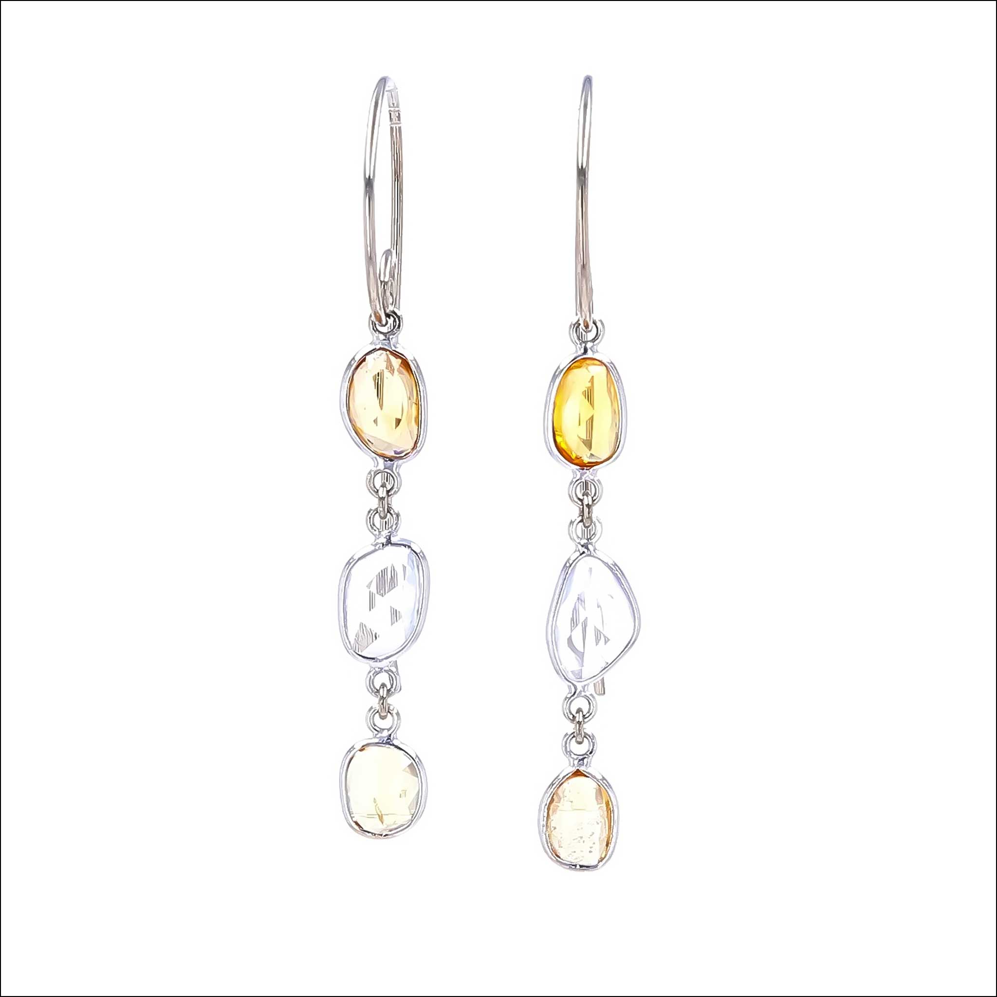 Yellow and White Sapphire Slice Dangles Earrings 18KW 14KW