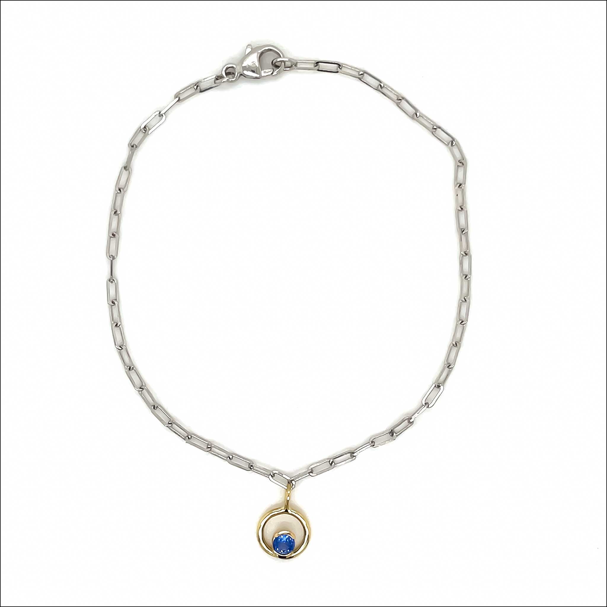 Sapphire Circle Dangle on Paperclip Chain Bracelet 18KY Platinum 7"