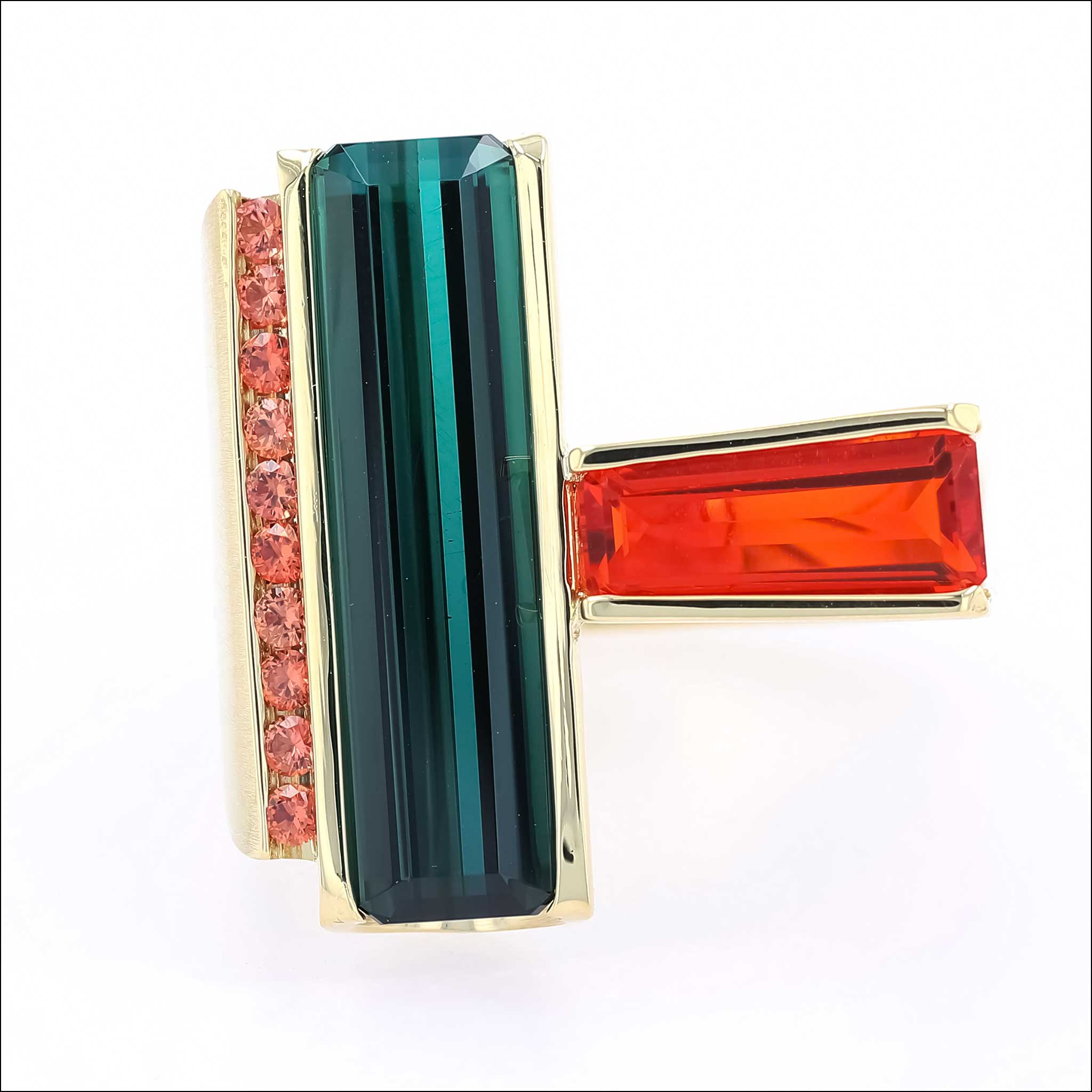 2024 AGTA Spectrum Award winning ring — tourmaline, fire opal, and orange sapphires in 18K yellow gold by Phillip Dismuke, Jewelsmith Durham NC