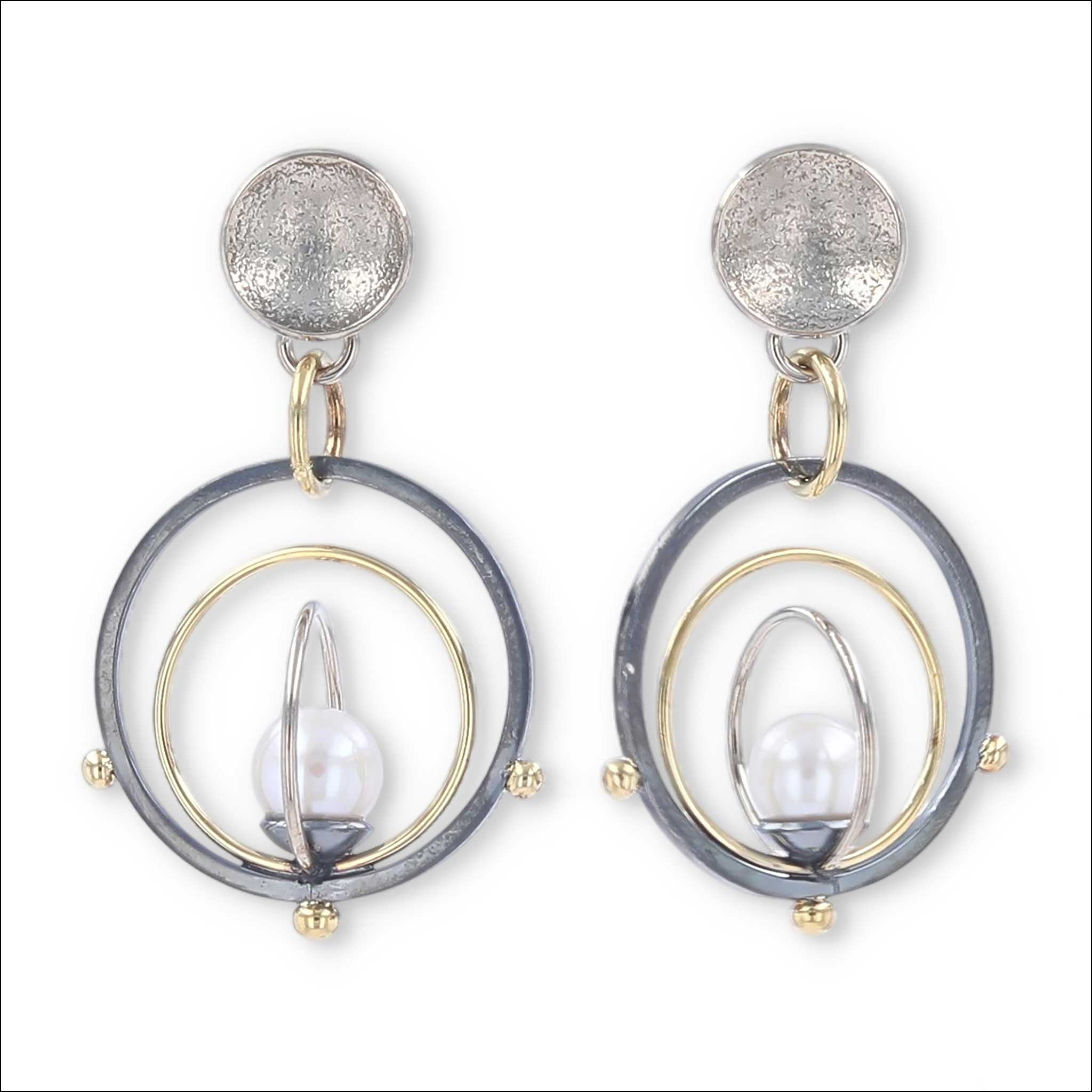 Akoya Pearl "Orbit" Earrings 18KY 14KW Sterling Silver front