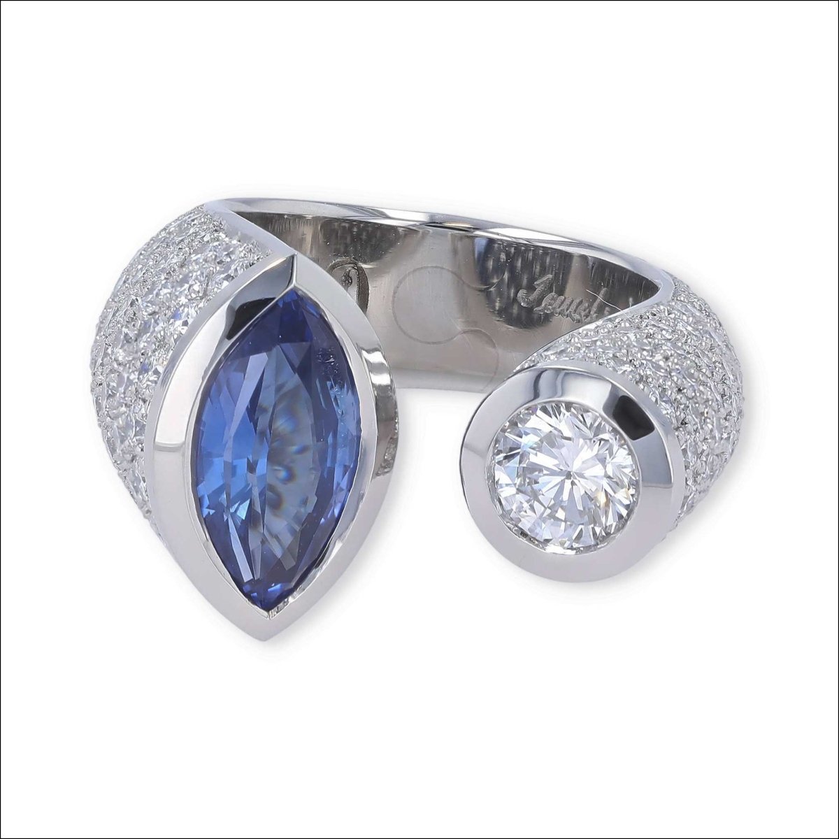 50th Anniversary Marquise Sapphire and Diamond Kissing Ring Platinum - Jewelsmith - Durham NC - Handcrafted - Rings