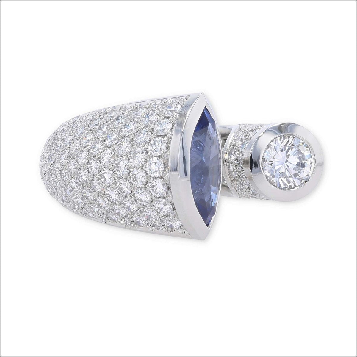 50th Anniversary Marquise Sapphire and Diamond Kissing Ring Platinum - Jewelsmith - Durham NC - Handcrafted - Rings