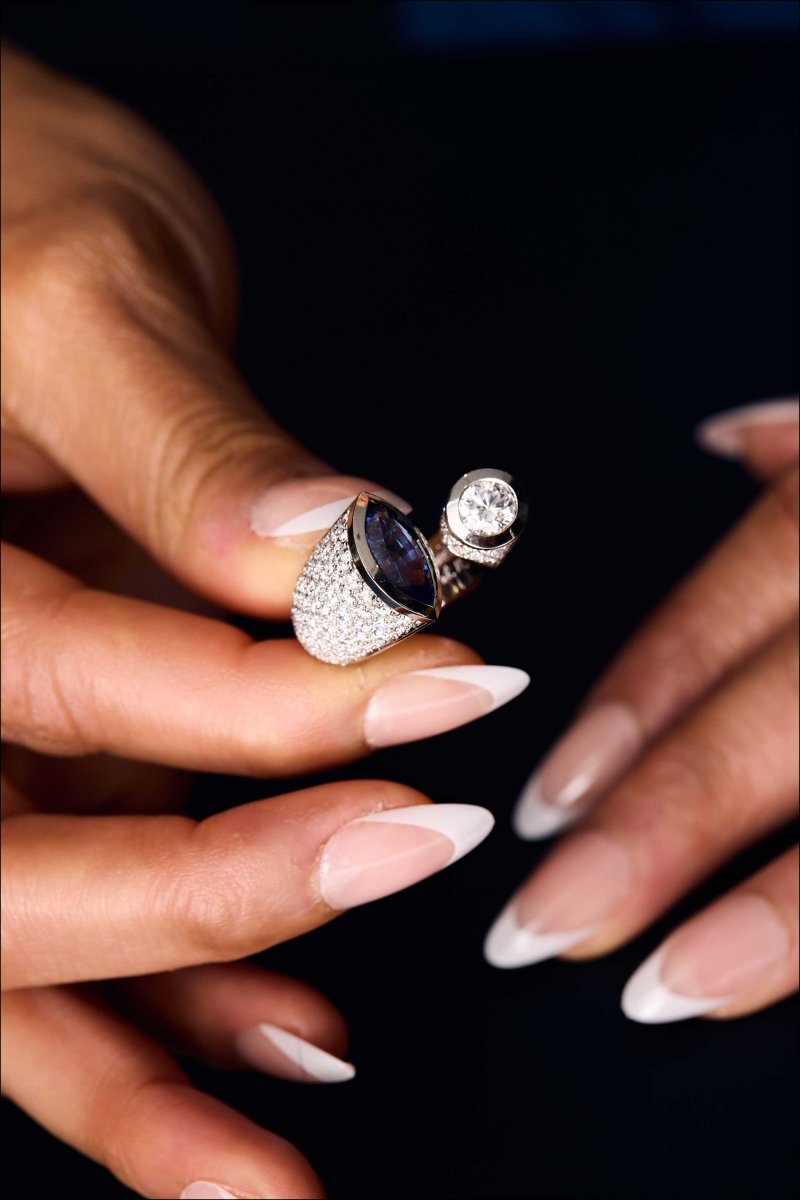 50th Anniversary Marquise Sapphire and Diamond Kissing Ring Platinum - Jewelsmith - Durham NC - Handcrafted - Rings