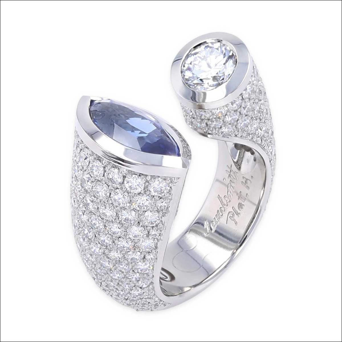 50th Anniversary Marquise Sapphire and Diamond Kissing Ring Platinum - Jewelsmith - Durham NC - Handcrafted - Rings