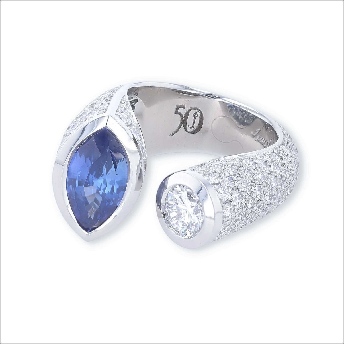 50th Anniversary Marquise Sapphire and Diamond Kissing Ring Platinum - Jewelsmith - Durham NC - Handcrafted - Rings