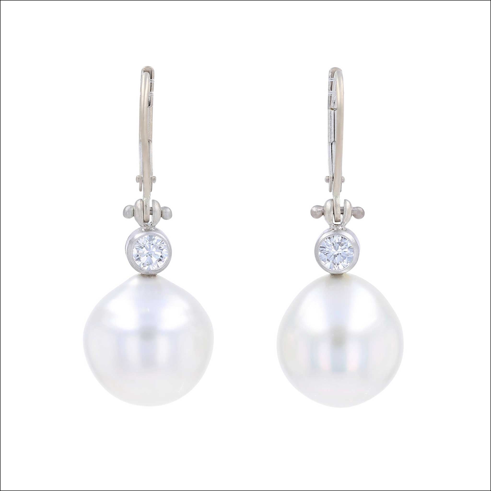 White South Sea Pearl and Diamond Lever Back Earrings 14KW 18KW (Consignment)