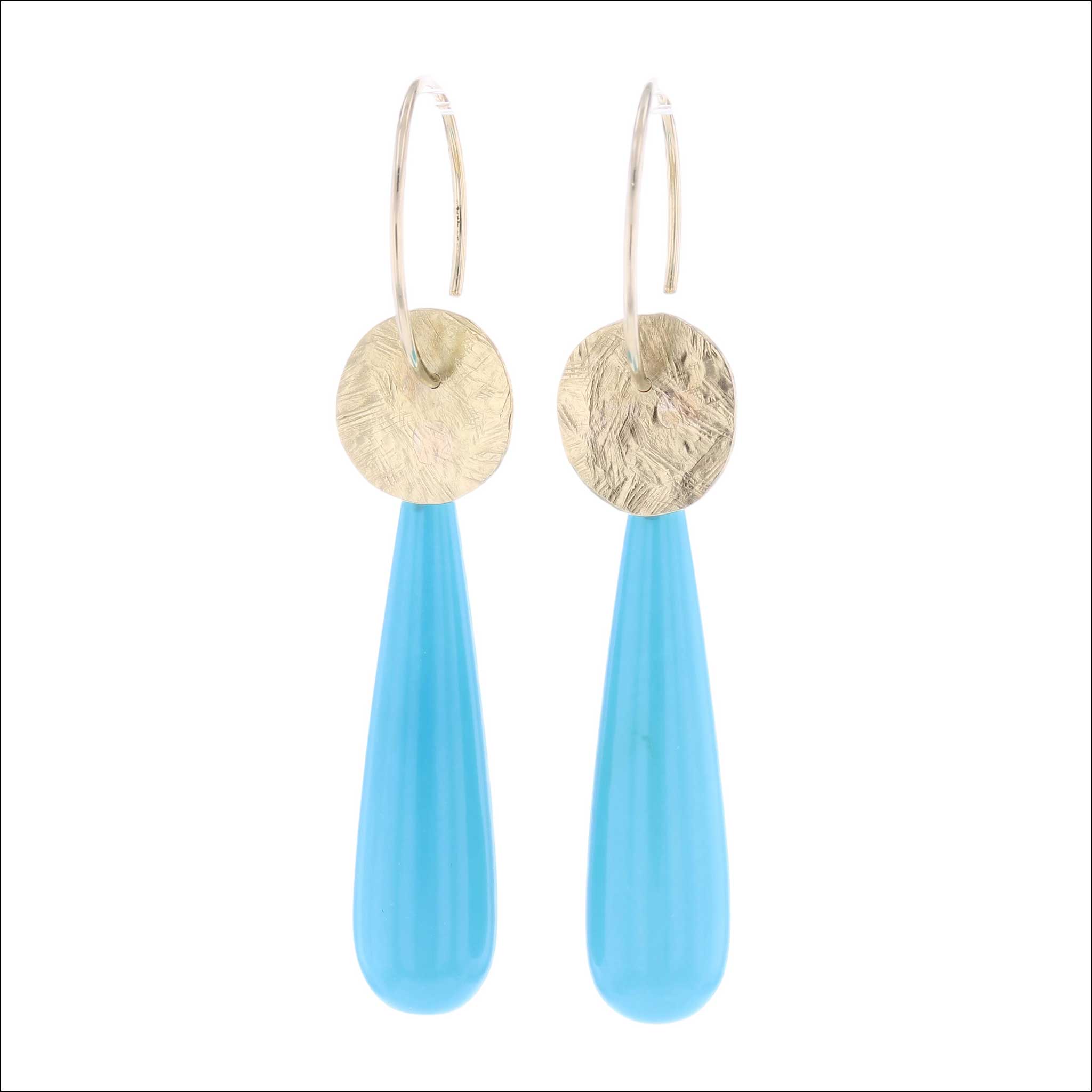 Turquoise Briolette Drop Earrings with Hammered Discs 18KY (Consignment), Jewelsmith Durham, NC Handcrafted earrings