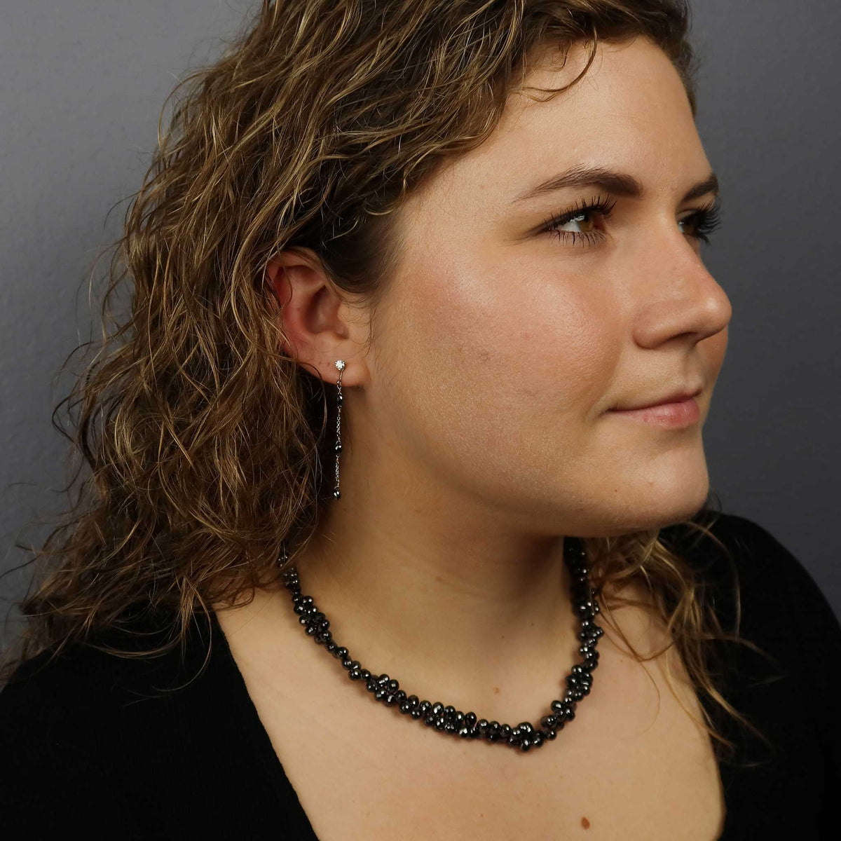Black Diamond Briolette Earring Jackets 18KW (Consignment) model - Jewelsmith - Durham NC - Handcrafted - Earrings