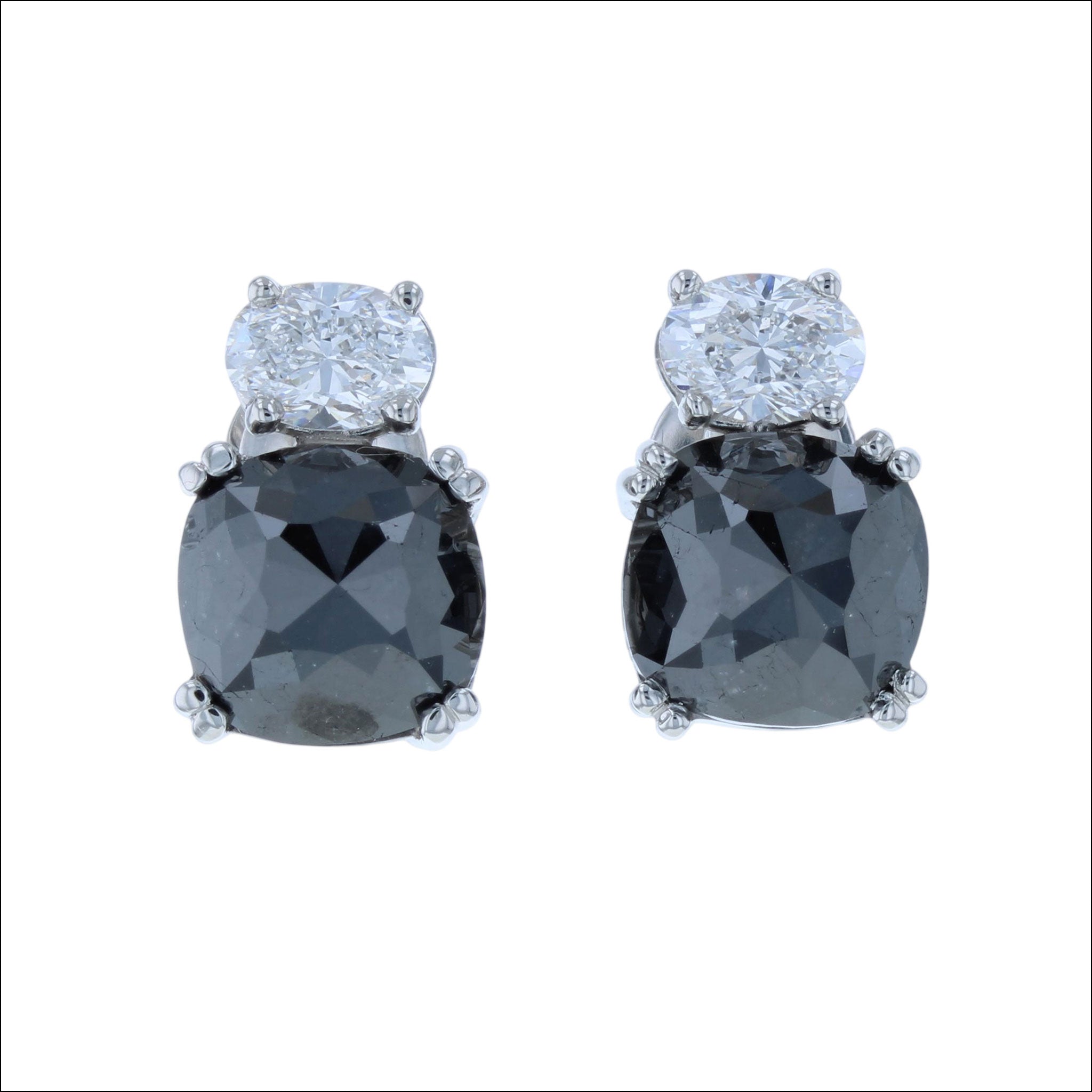 Rose Cut Black Diamond and Oval White Diamond Earrings Platinum (Consignment), front, handcrafted earrings | Jewelsmith, Durham, NC