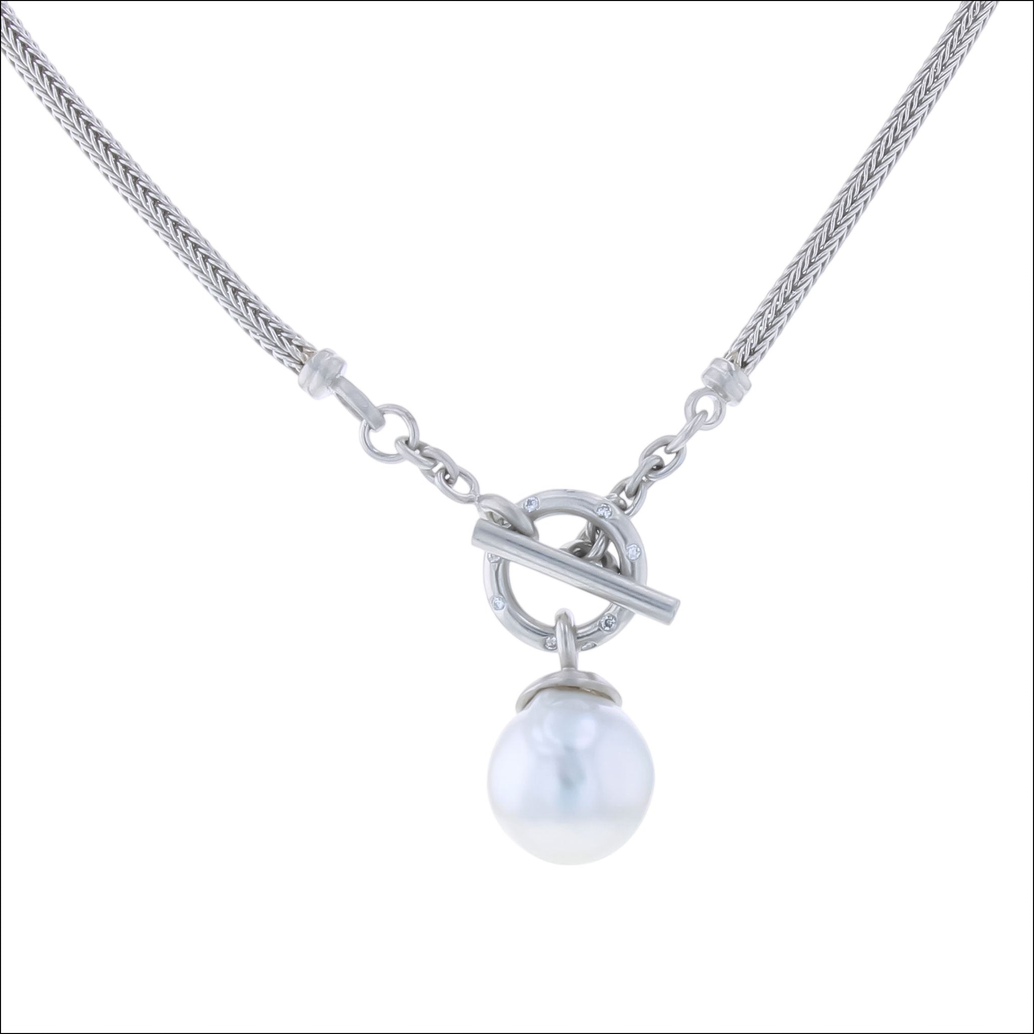 Woven Chain with Diamond Toggle and South Sea Pearl Drop Necklace Platinum 18" (Consignment) detail, handcrafted necklaces | Jewelsmith, Durham, NC