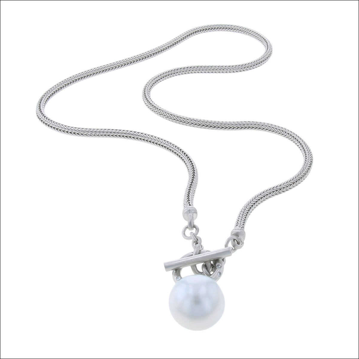 Woven Chain with Diamond Toggle and South Sea Pearl Drop Necklace Platinum 18" (Consignment) whole, handcrafted necklaces | Jewelsmith, Durham, NC