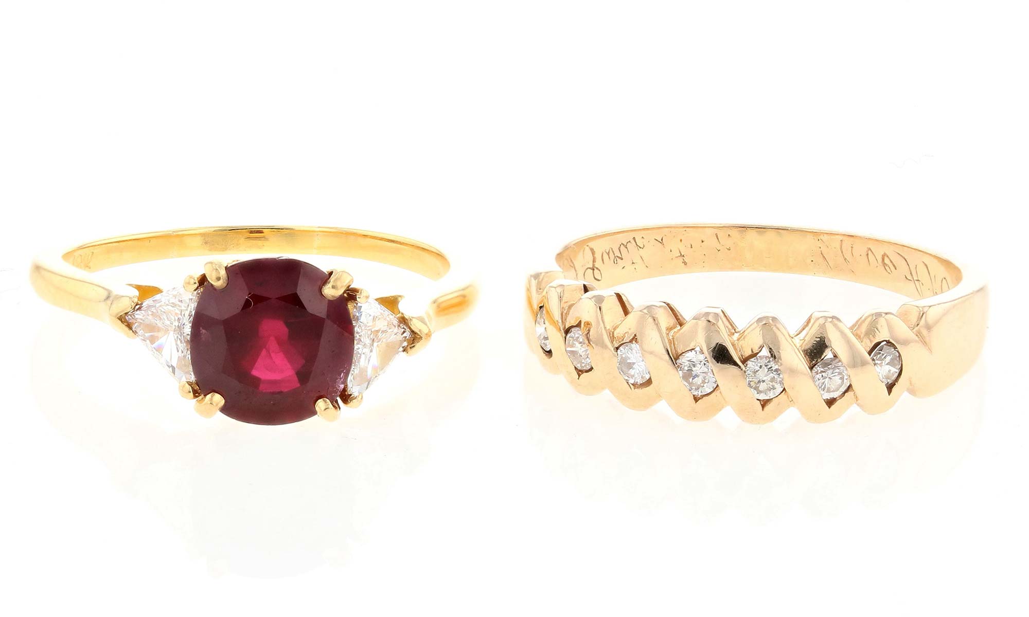Ruby ring and diamond band before custom transformation