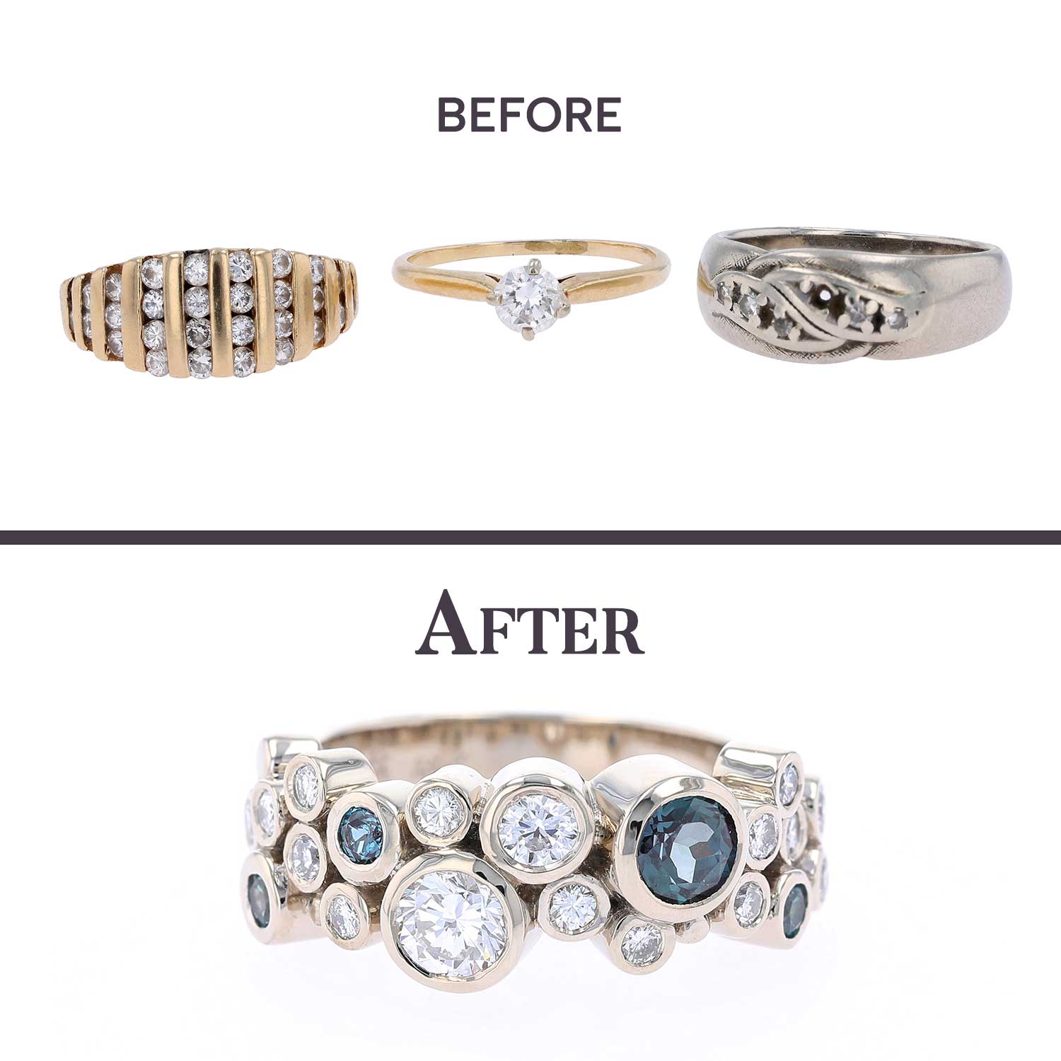 family jewelry before and sapphire diamond bubble ring after jewelry makeover