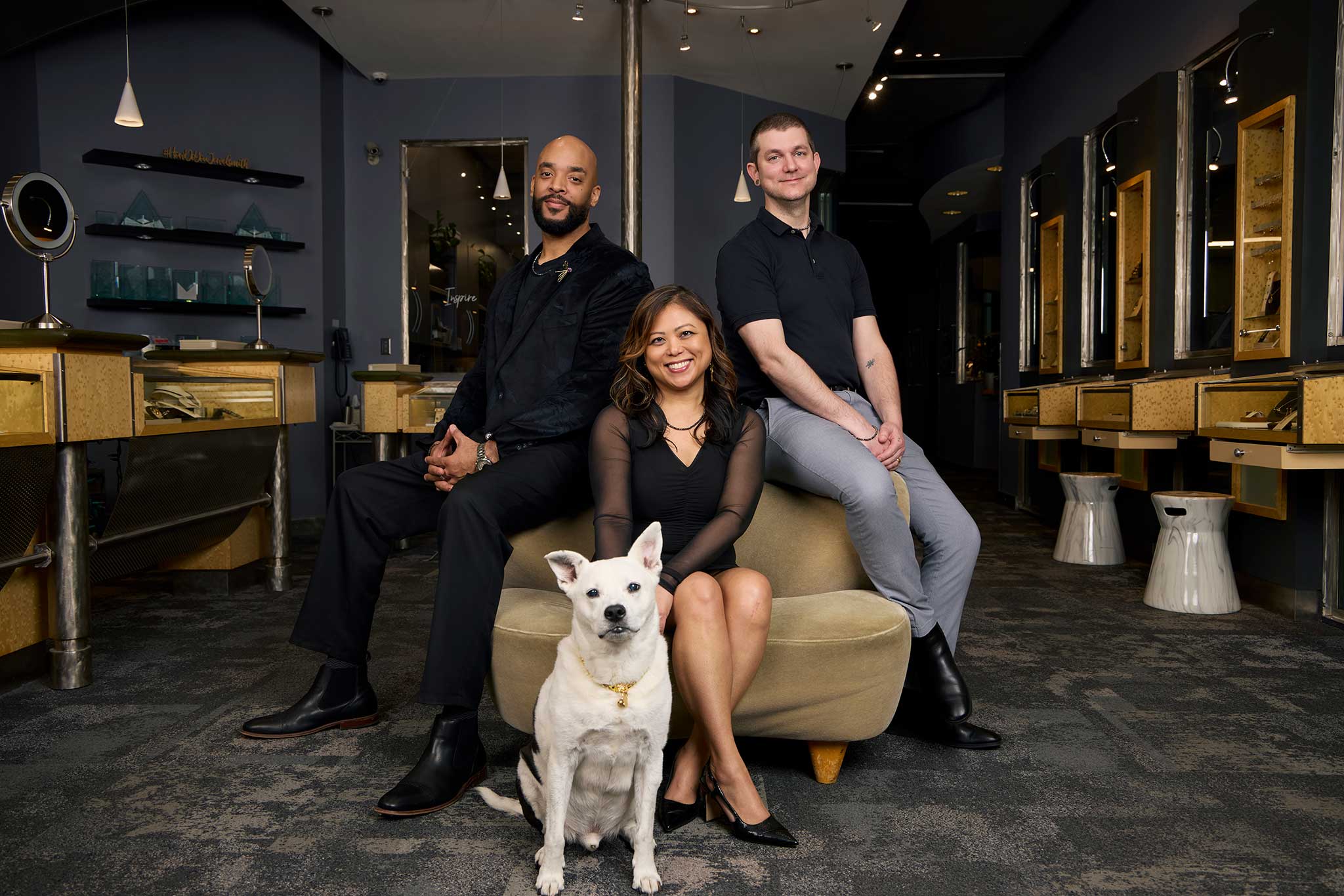 Jewelsmith admin team and shop dog in Durham, NC