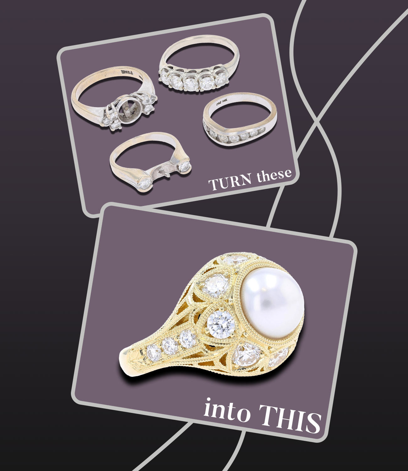 turn these: old jewelry, into this: custom diamond and pearl filigree hand engraved vintage inspired ring - Jewelsmith Durham, NC