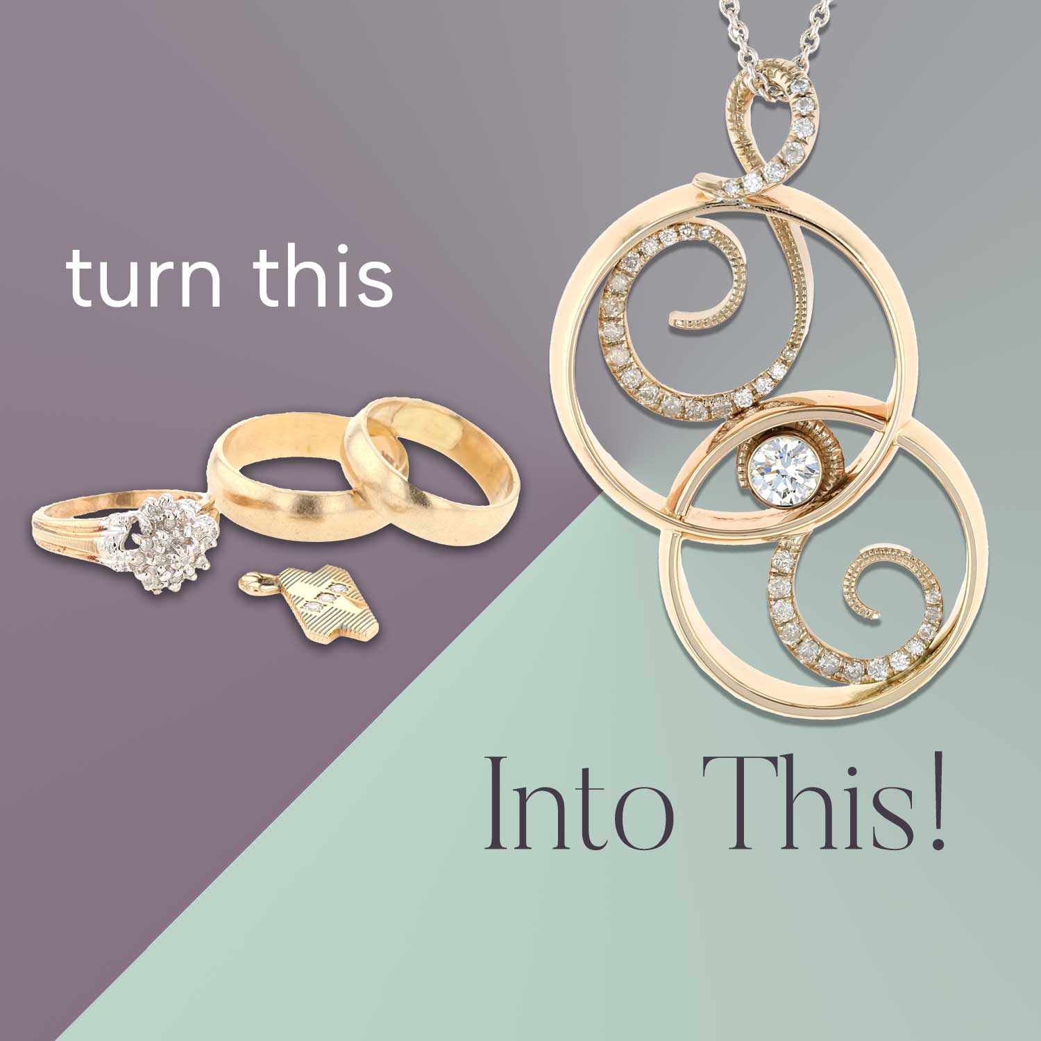 two wedding bands and an engagement ring used to create pendant that incorporates the wedding bands intact - Jewelsmith Durham, NC