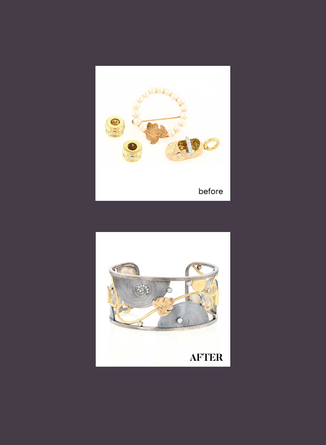 baby show charm, pearl circle pin, and other old jewelry that were transformed into a hand engraved cuff bracelet at Jewelsmith in Durham, NC