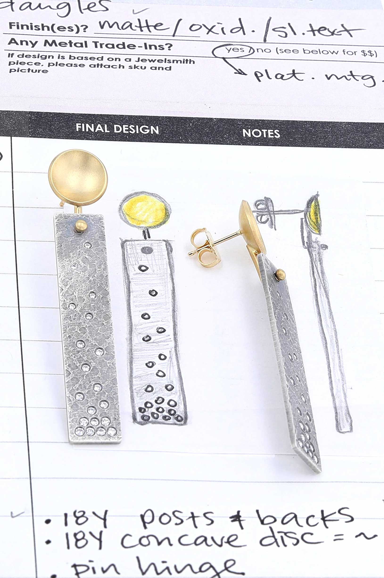 Drawing-to-Finished textured flush set diamond earrings dangling from disc