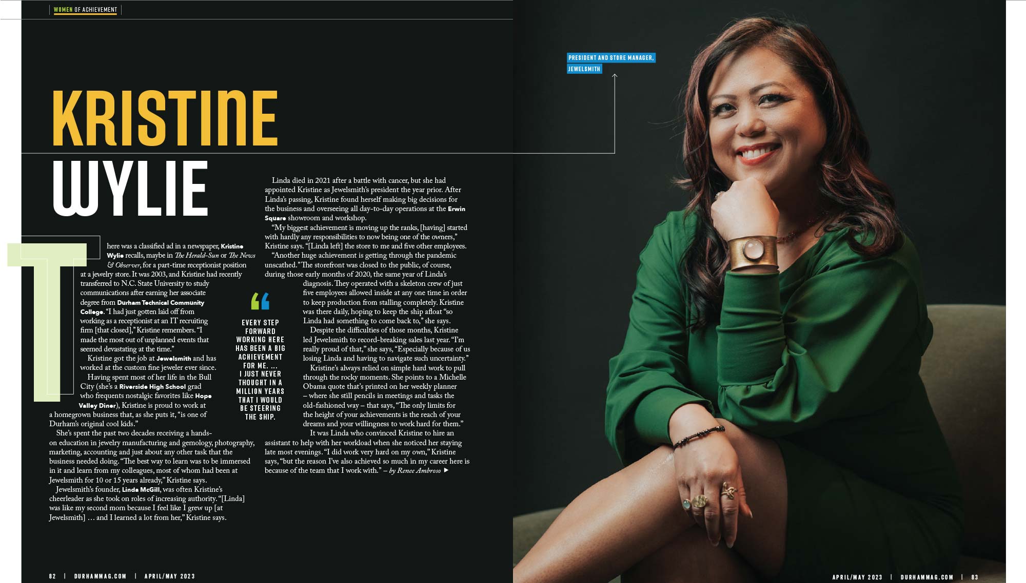 Kristine featured in Durham Magazine's Women of Achievement Issue