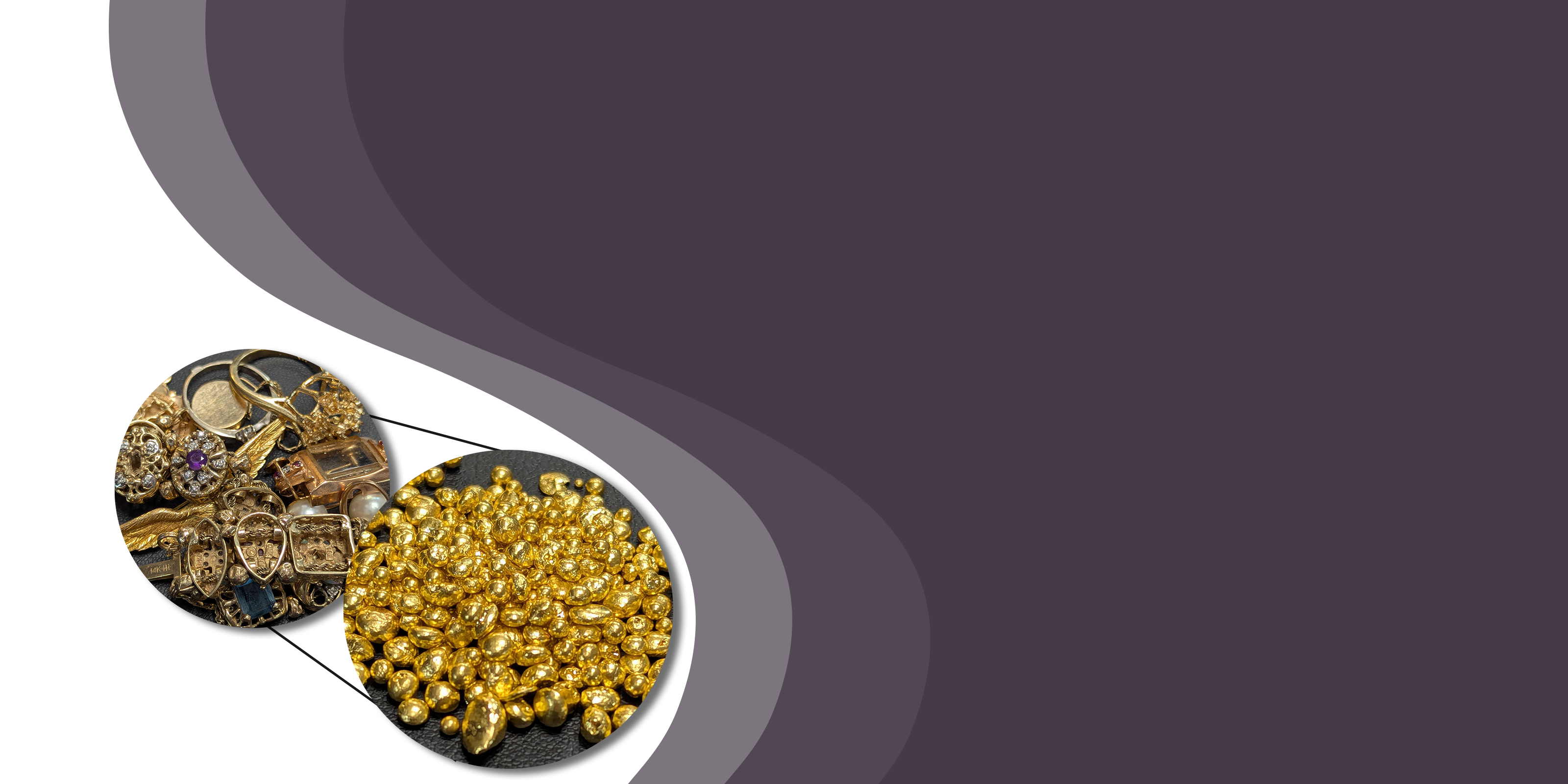 old jewelry to be recycled into 24K pure gold on purple background