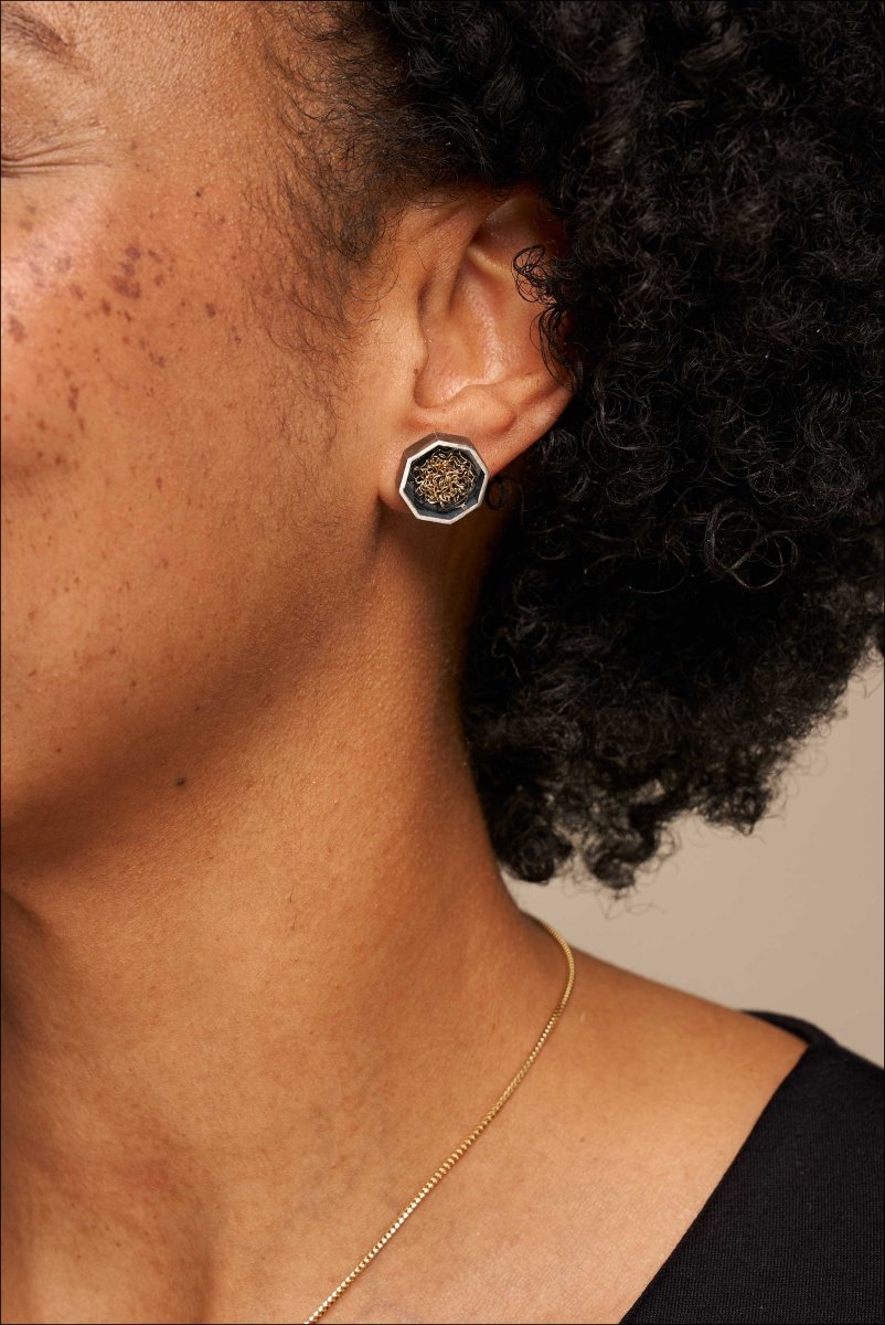 Abstract Wire Octagonal Squiggle Stud Earrings Sterling Silver 18KY - JewelsmithEarrings