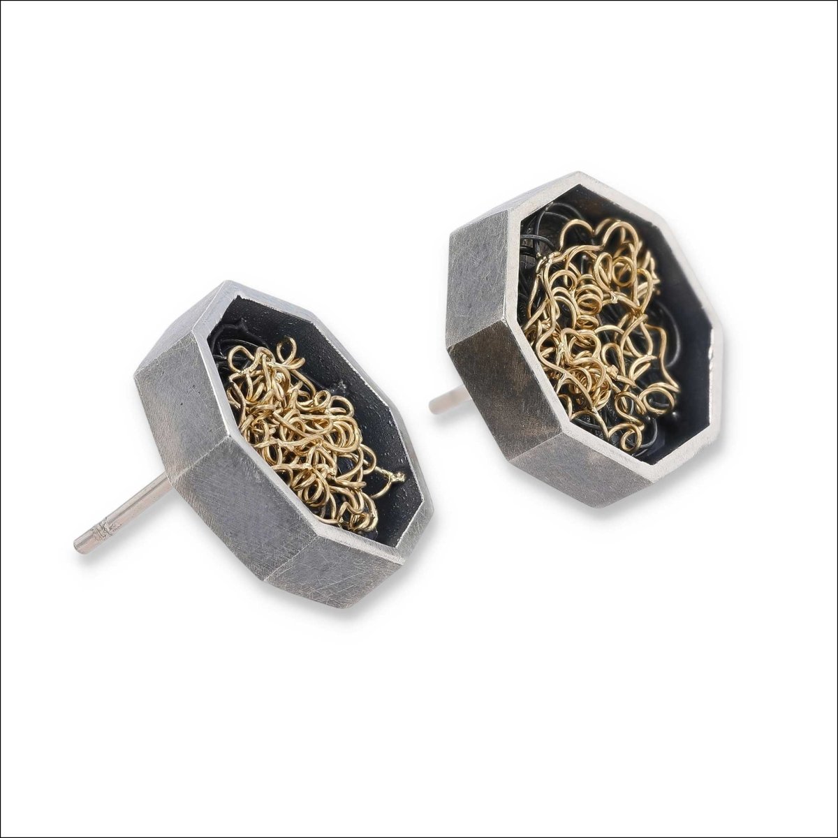 Abstract Wire Octagonal Squiggle Stud Earrings Sterling Silver 18KY - JewelsmithEarrings