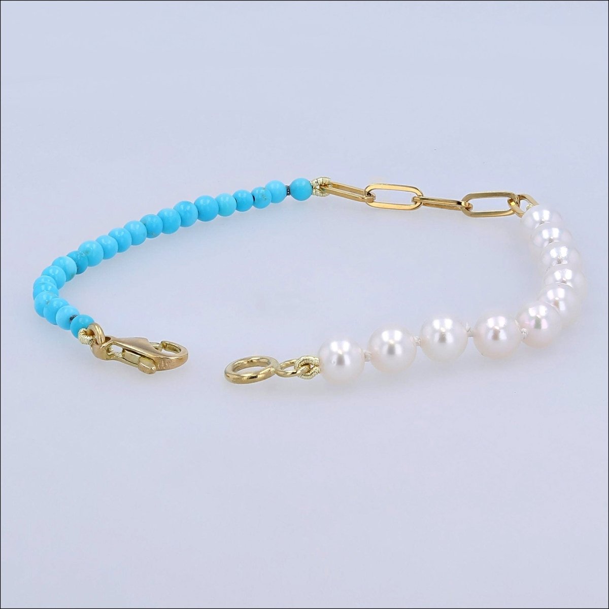 Akoya Pearl Turquoise Beads Paperclip Chain Bracelet 18KY 7.5" - JewelsmithBracelets