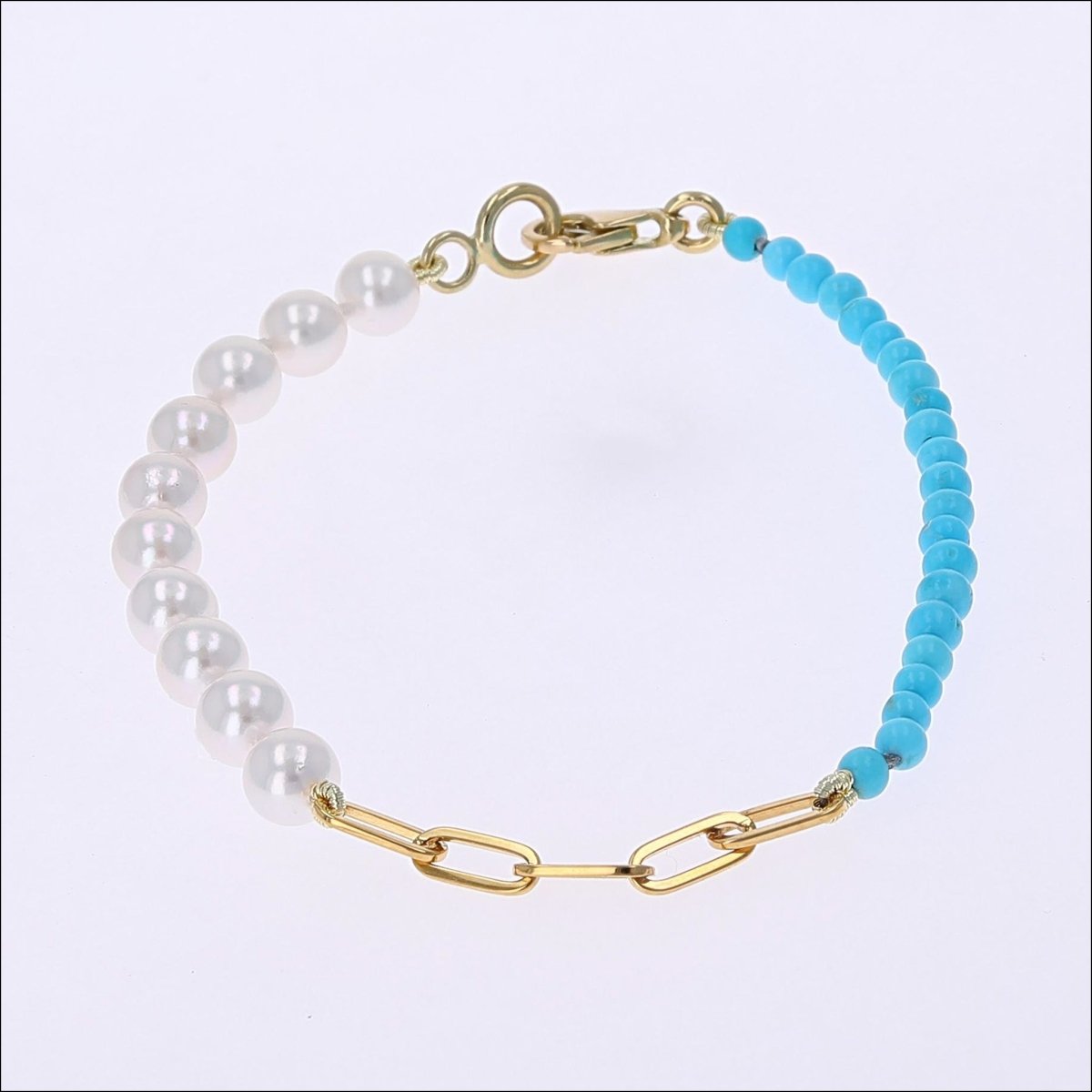 Akoya Pearl Turquoise Beads Paperclip Chain Bracelet 18KY 7.5" - JewelsmithBracelets