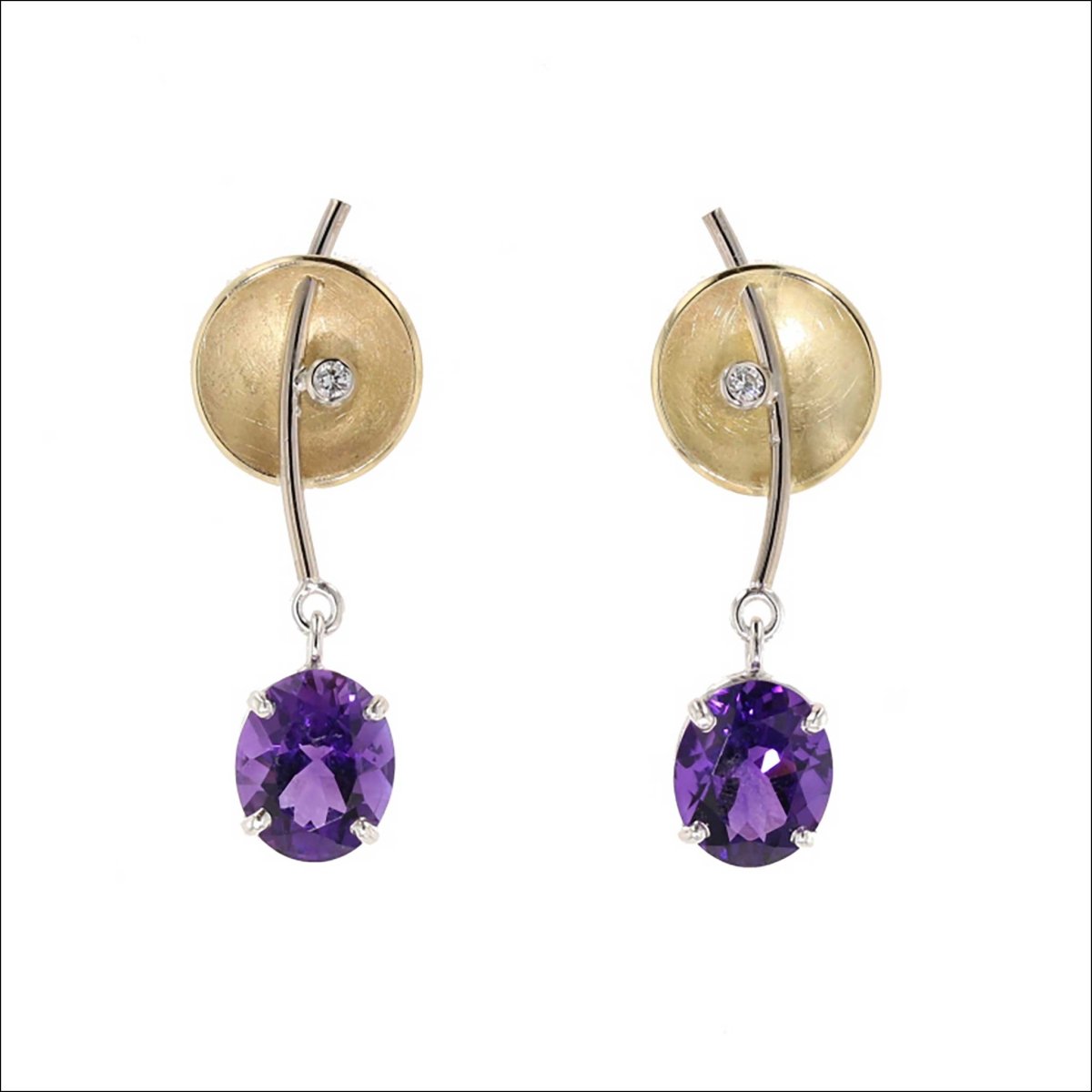 Amethyst and Diamond Disc Dangle Earrings 18KY Sterling Silver - Jewelsmith - Durham NC - Handcrafted - Earrings