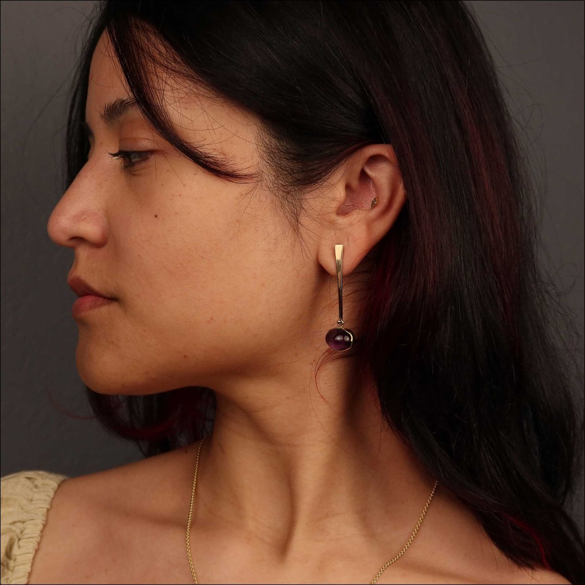 Amethyst Cabochon Forged Dangle Earrings 18KY (Consignment) - JewelsmithEarrings