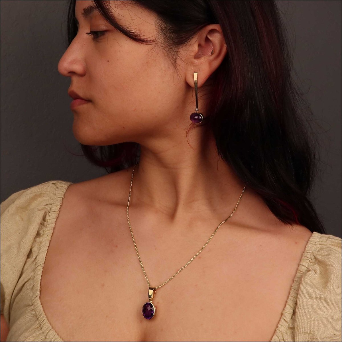 Amethyst Cabochon Forged Dangle Earrings 18KY (Consignment) - JewelsmithEarrings