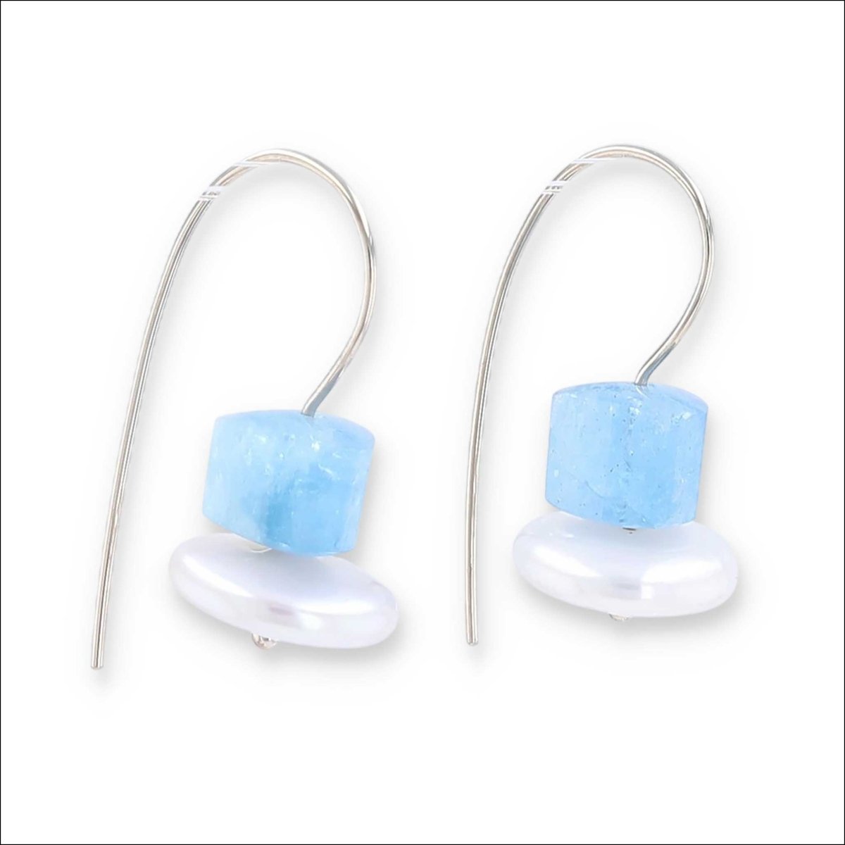 Aquamarine Bead Freshwater Coin Pearl Wire Earrings 14KW - JewelsmithEarrings
