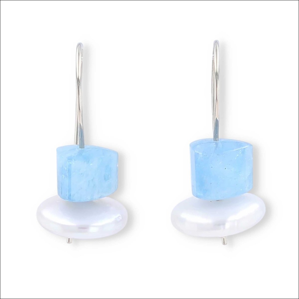 Aquamarine Bead Freshwater Coin Pearl Wire Earrings 14KW - JewelsmithEarrings