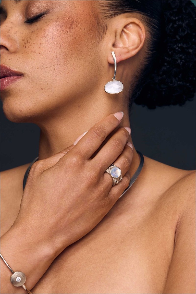 Asymmetrical Rose Cut Moonstone Forged Dangle Earrings 14KW - Jewelsmith - Durham NC - Handcrafted - Earrings