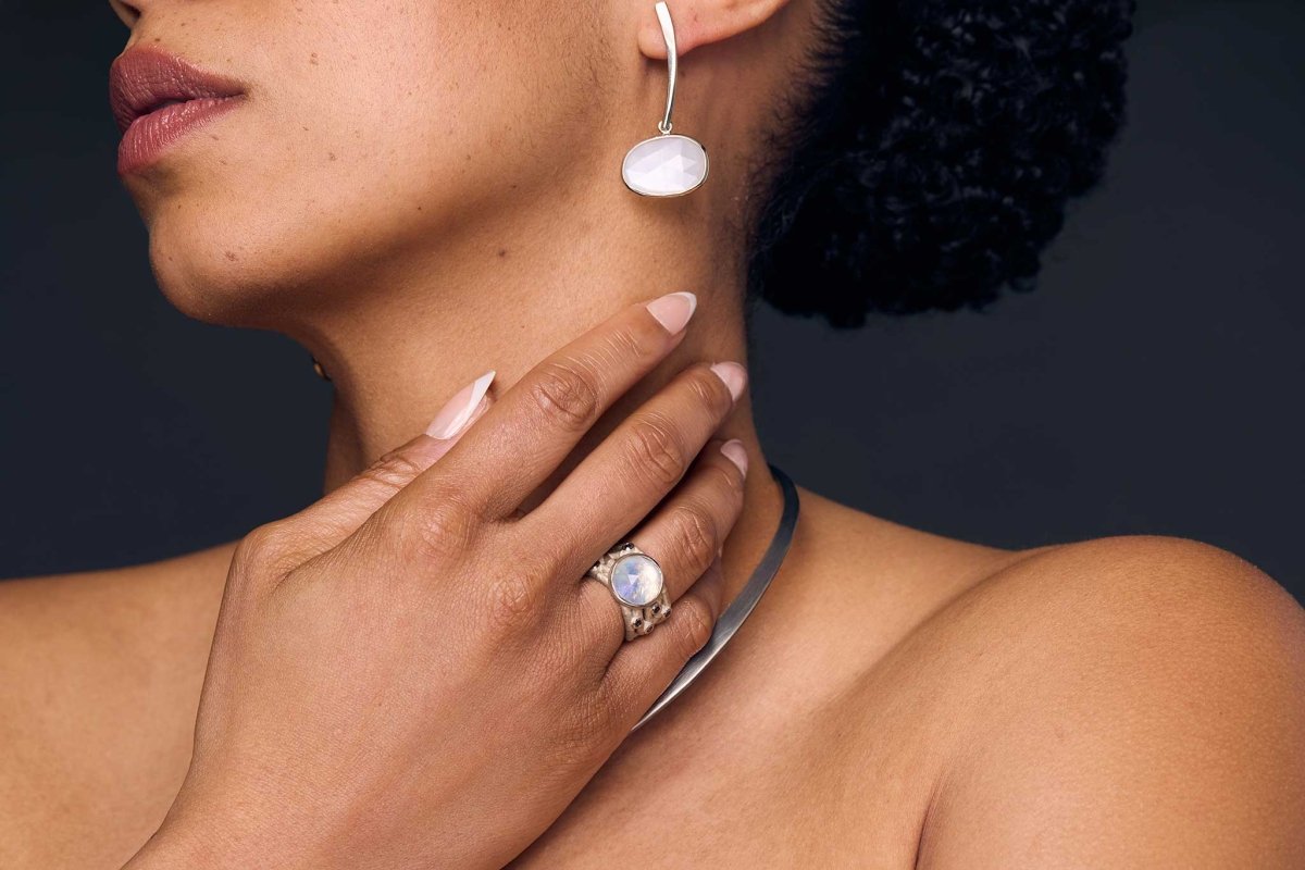 Asymmetrical Rose Cut Moonstone Forged Dangle Earrings 14KW - Jewelsmith - Durham NC - Handcrafted - Earrings