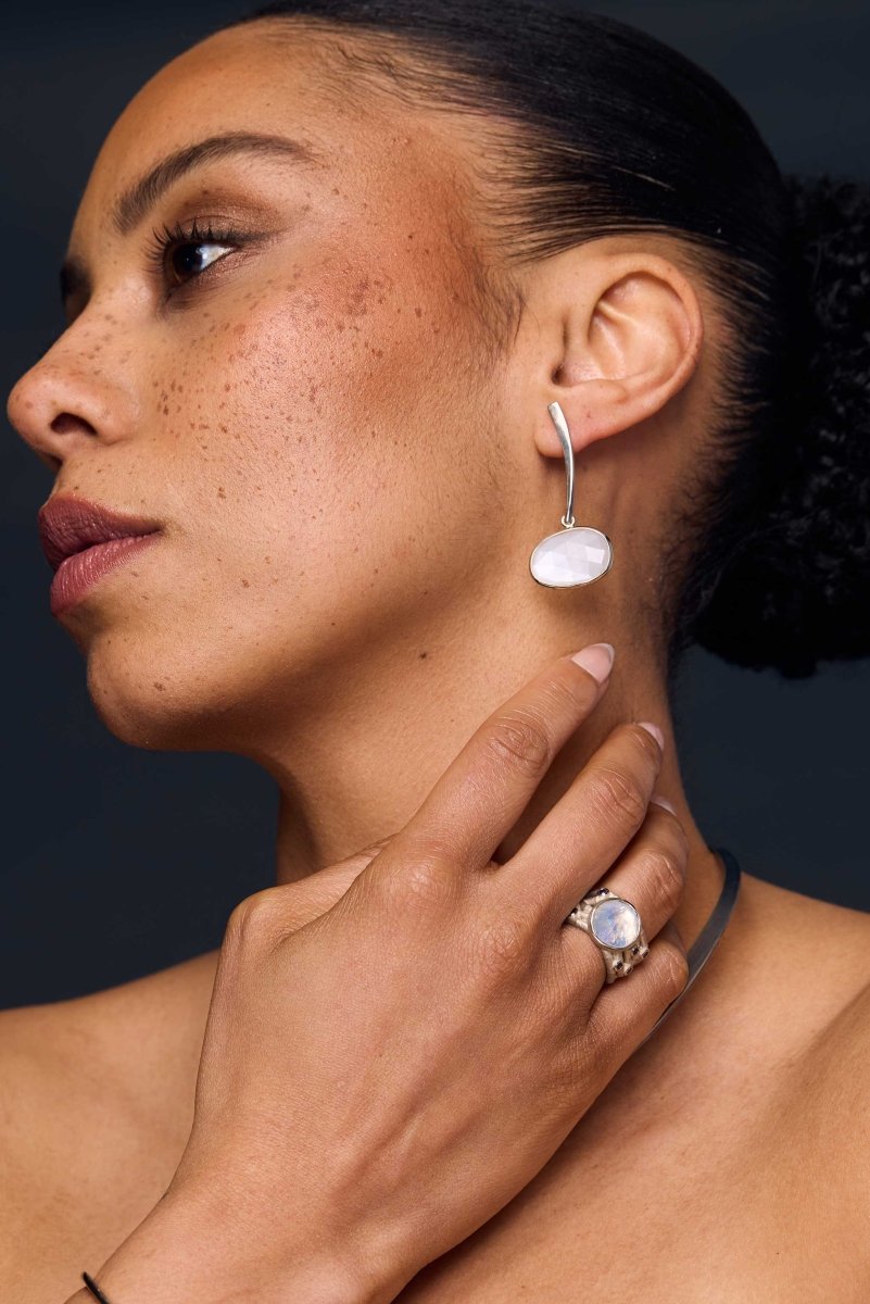 Asymmetrical Rose Cut Moonstone Forged Dangle Earrings 14KW - Jewelsmith - Durham NC - Handcrafted - Earrings