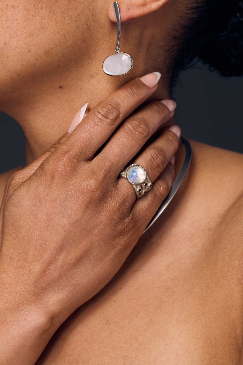 Asymmetrical Rose Cut Moonstone Forged Dangle Earrings 14KW - Jewelsmith - Durham NC - Handcrafted - Earrings