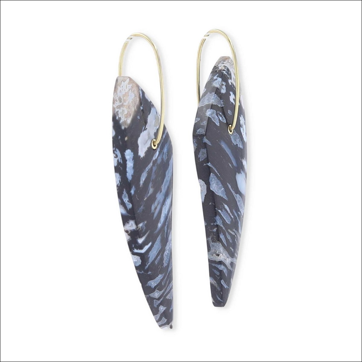 Black and White Shield Shaped Fossilized Palm Dangle Earrings 18KY - Jewelsmith - Durham NC - Handcrafted - Earrings