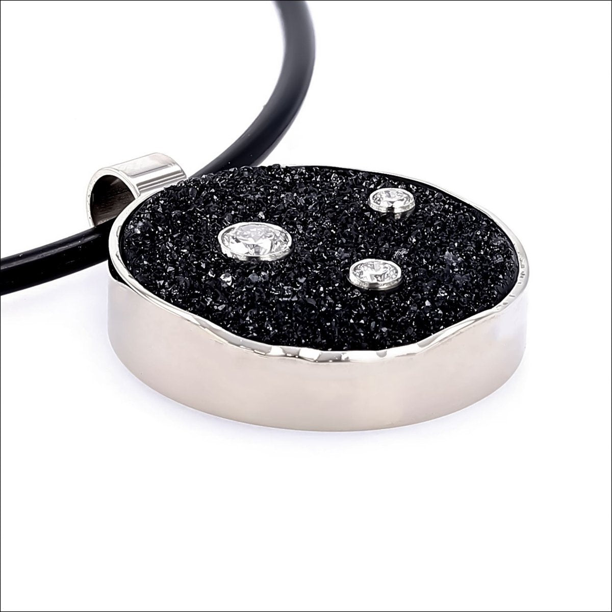 Black Druzy Diamond Circle Pendant 14KW - JewelsmithPendants