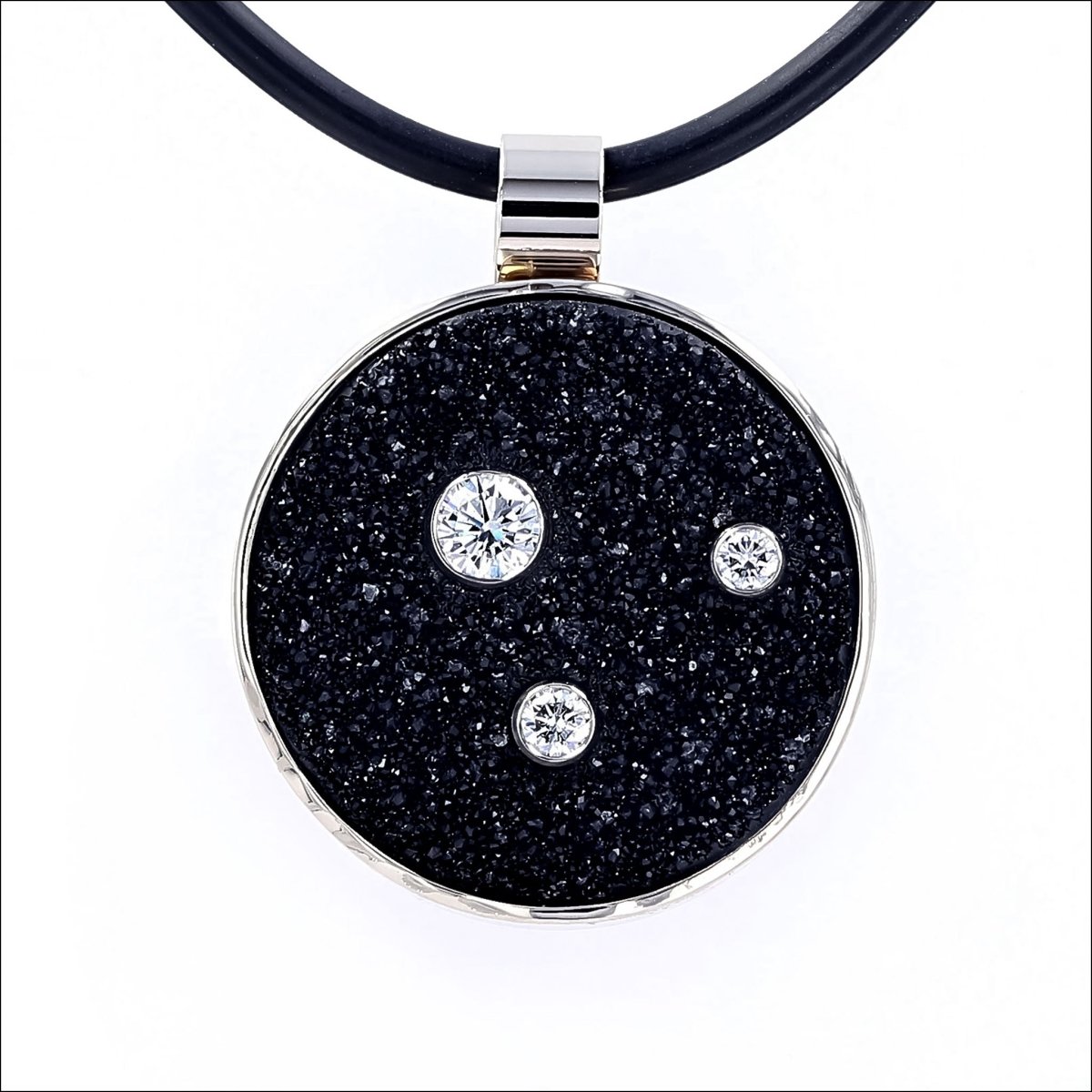 Black Druzy Diamond Circle Pendant 14KW - JewelsmithPendants