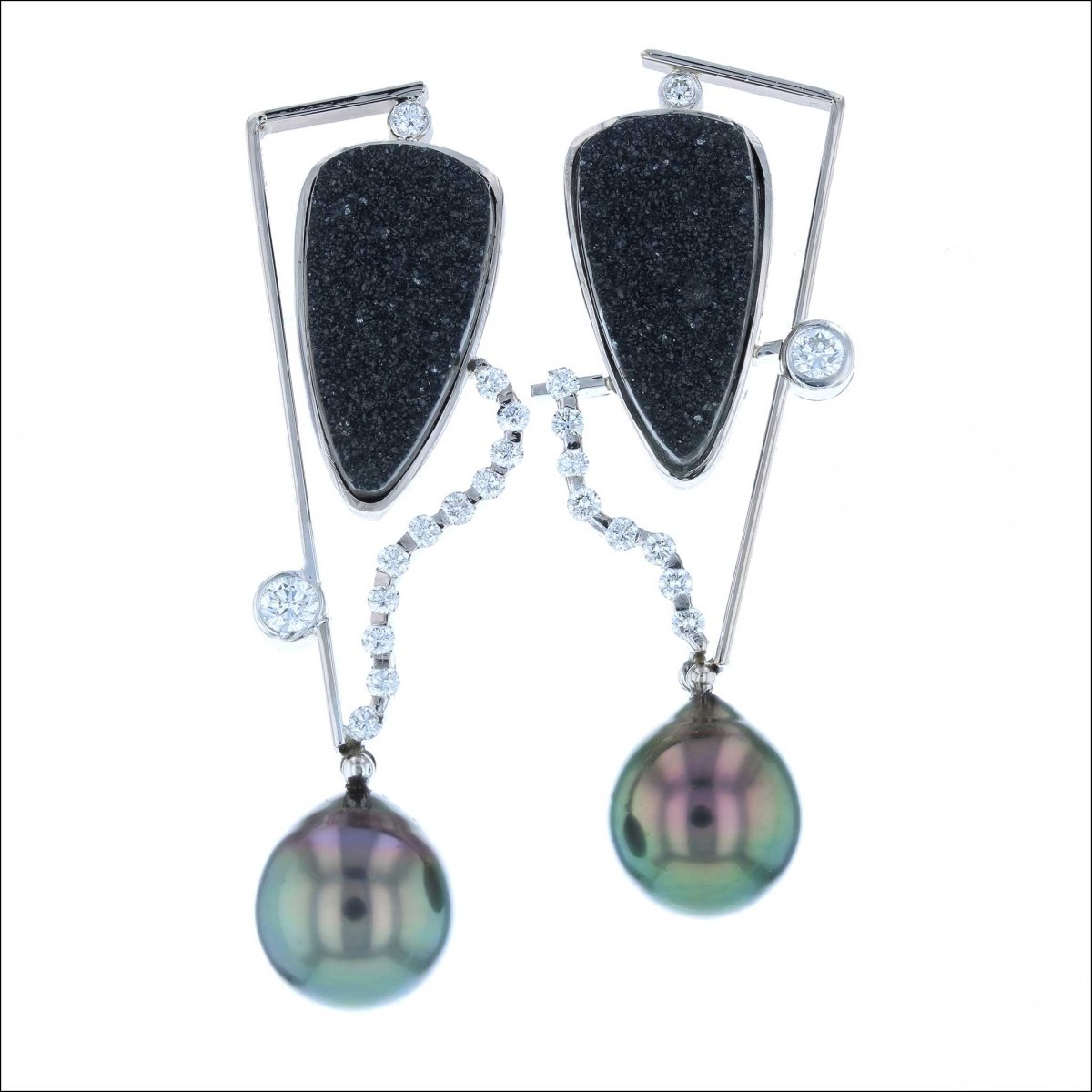 Black Druzy Diamond Tahitian Pearl Earrings 18KW (Consignment) - JewelsmithEarrings